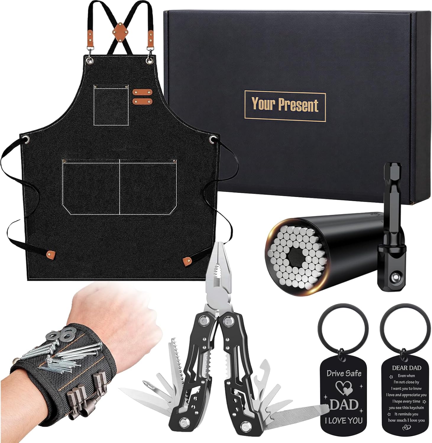5 in 1 Gift for Dad Men, Handyman Tool Set with Heavy Duty Work Apron, Magnetic Wristband, Multitool Pliers, Universal Socket & Engraved Keychain, Cool Gadget Birthday Fathers Day Present