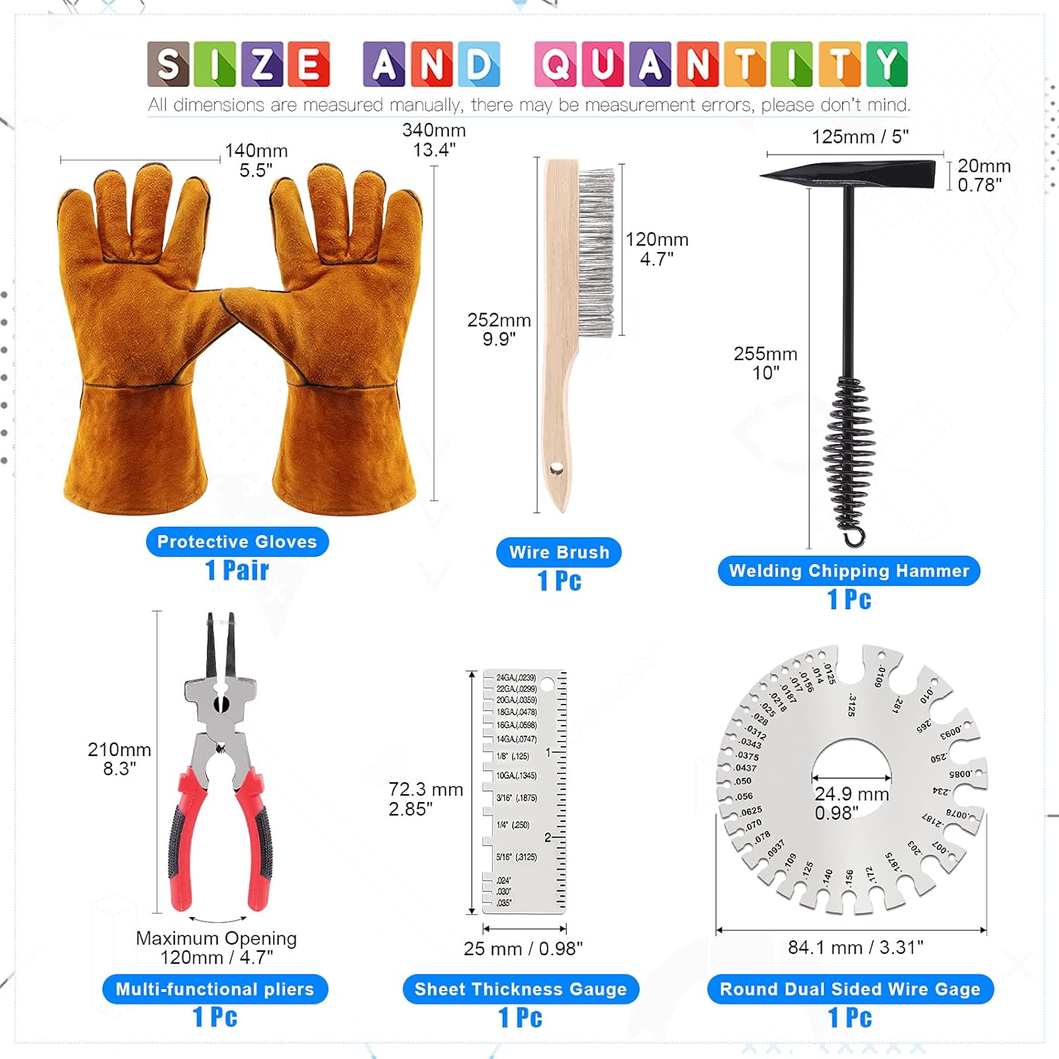 Glarks 6Pcs Welding Slag Removal Tool Set, Include 10'' Welding Chipping Hammer with Coil Spring Handle, Wire Brush, 10'' Welding Plier and 2Pcs Stainless Steel Metal Sheet Thickness Gauges