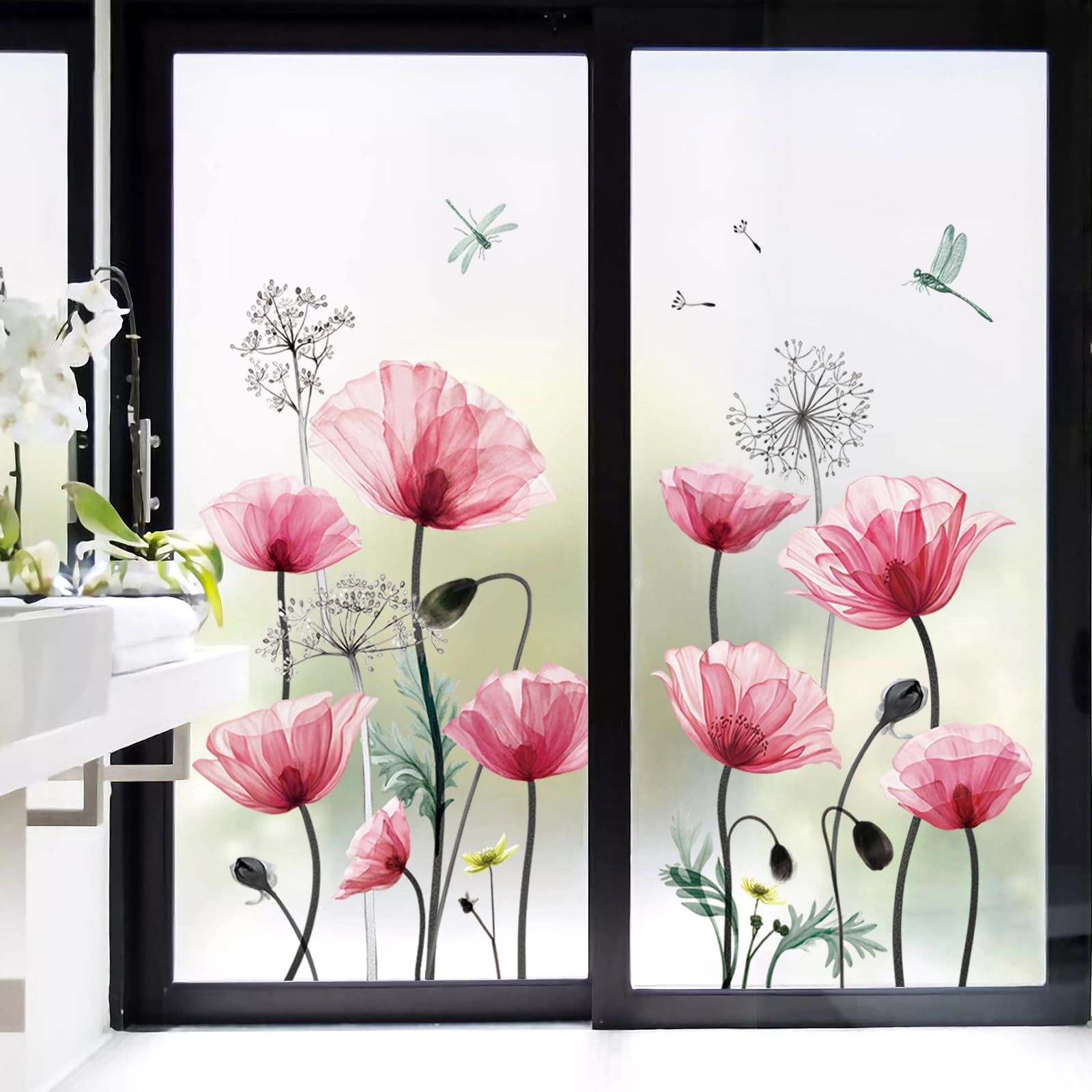 decalmile Poppy Flower Window Clings Pink Watercolor Floral Blossom Plants Window Decals Anti-Collision Glass Window Doors Window Stickers - Image 3