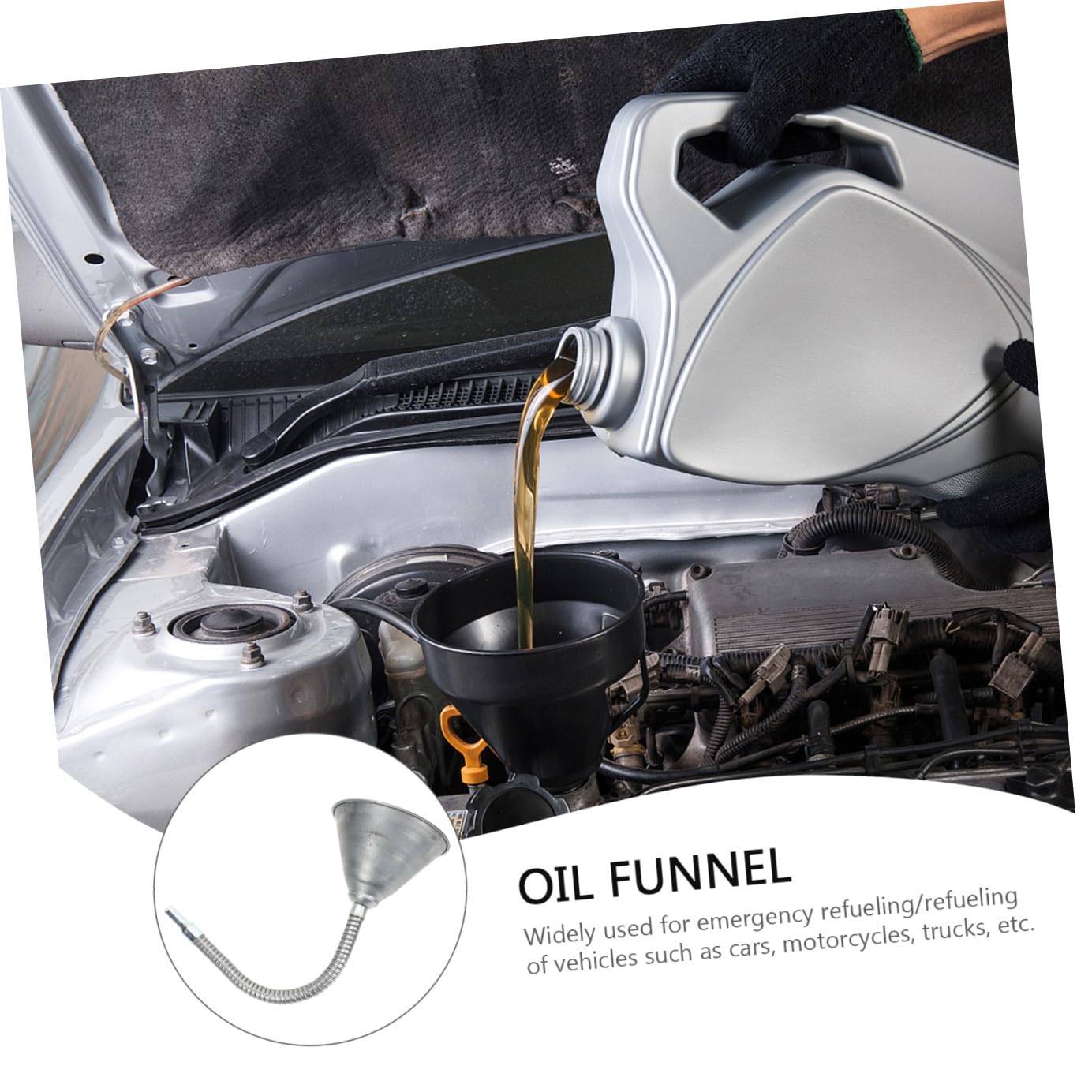 Embudo de Aceite de Motor de Hierro Cuello Largo y Filtro | Plata, Multiángulo para Infusión de Líquido, Uso en Motocicletas y Repostaje de Vehículos