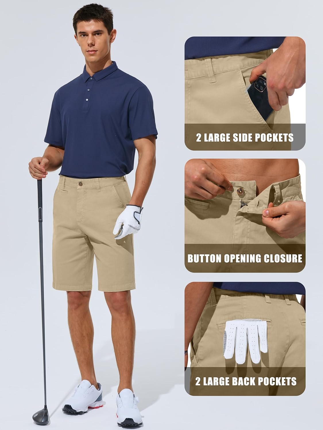 Men's Casual Shorts 10" Chino Work Dress Lightweight Stretch Flat Front Shorts with 6 Pockets for Hiking Golf(Stone, 36) - Image 4