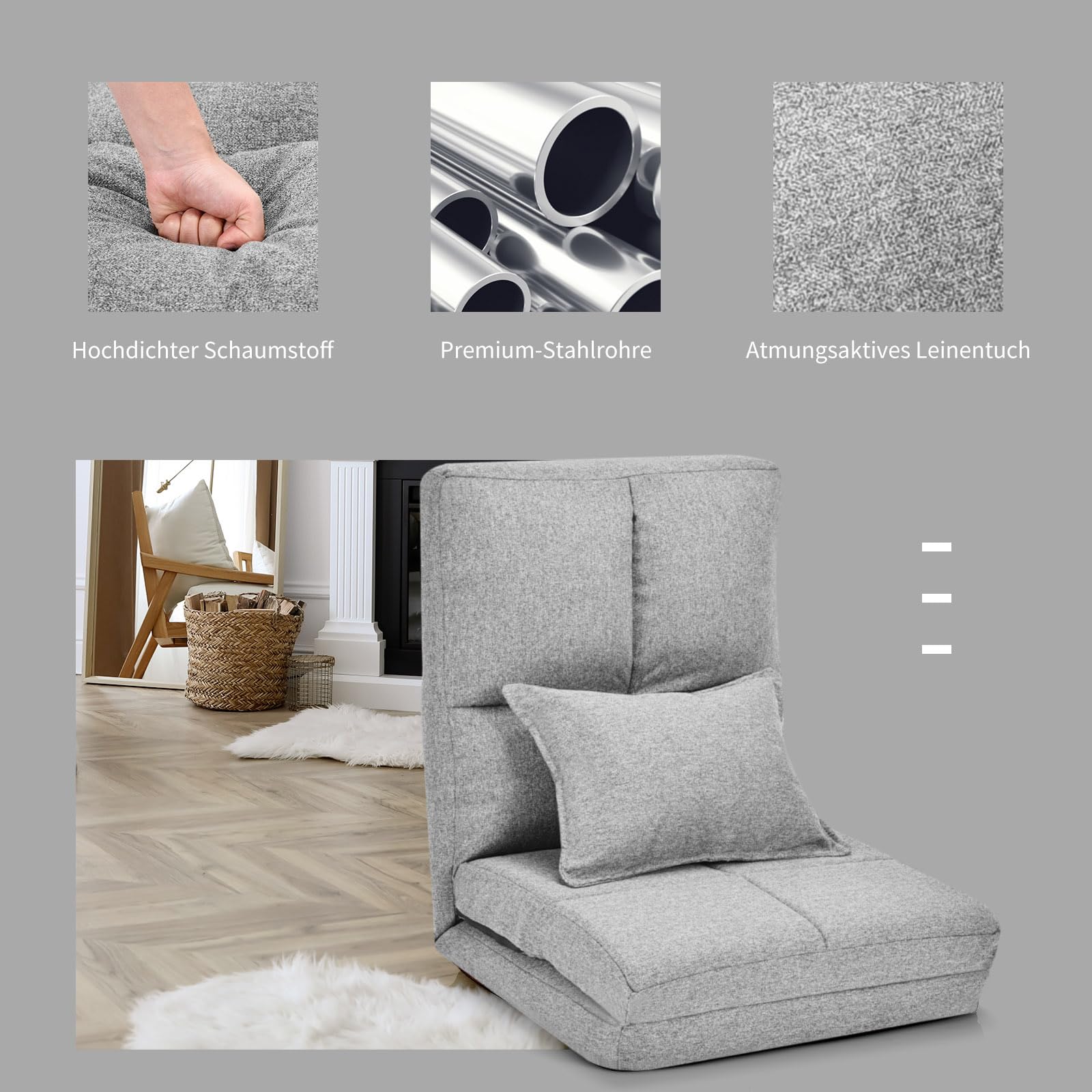 GOPLUS Vloerstoel, vloerstoel met 5-voudig verstelbare rugleuning en kussens, vloerbank met slaapfunctie, tot 100 kg belastbaar, leesstoel, ligstoel, meditatiestoel voor woonkamer (grijs