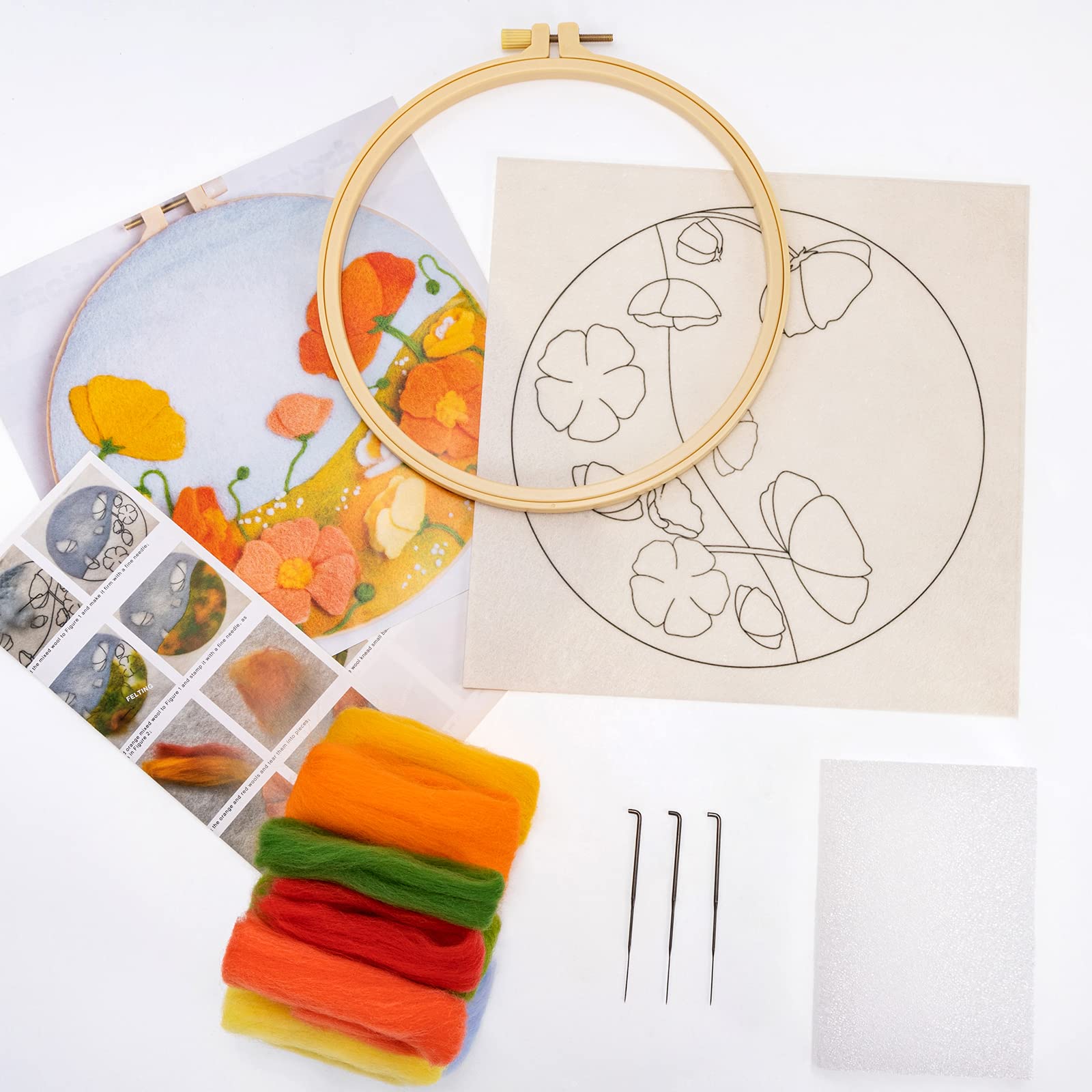 Kit De Feutrage à L’Aiguille Débutant – Laine Et Accessoires – Motifs Floraux – DIY Décoration