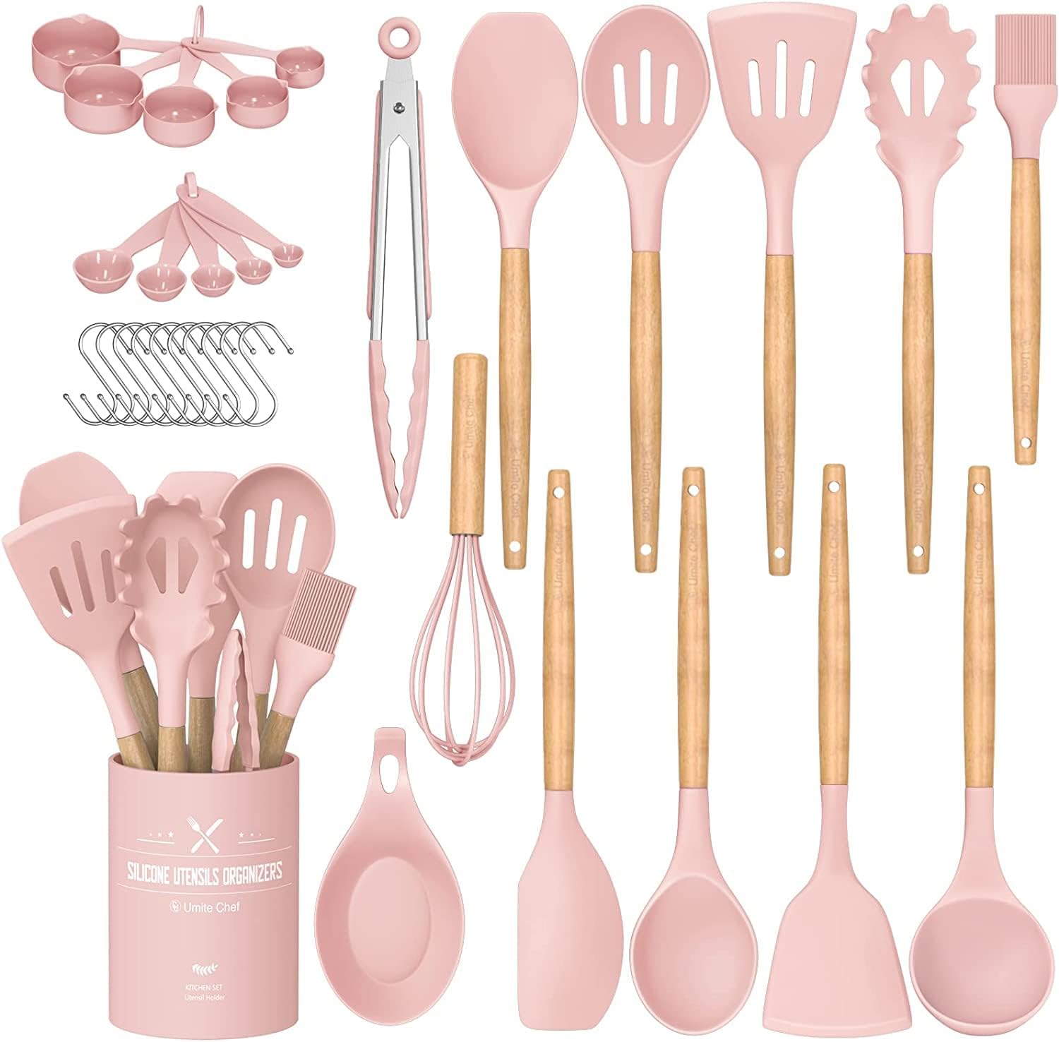 Kitchen Cooking Utensils Set, LVEON 33 Piece Non Stick Silicone Cooking Utensils Spatula Set, with Bracket, Wooden Handle Silicone Kitchen Small Tool Set