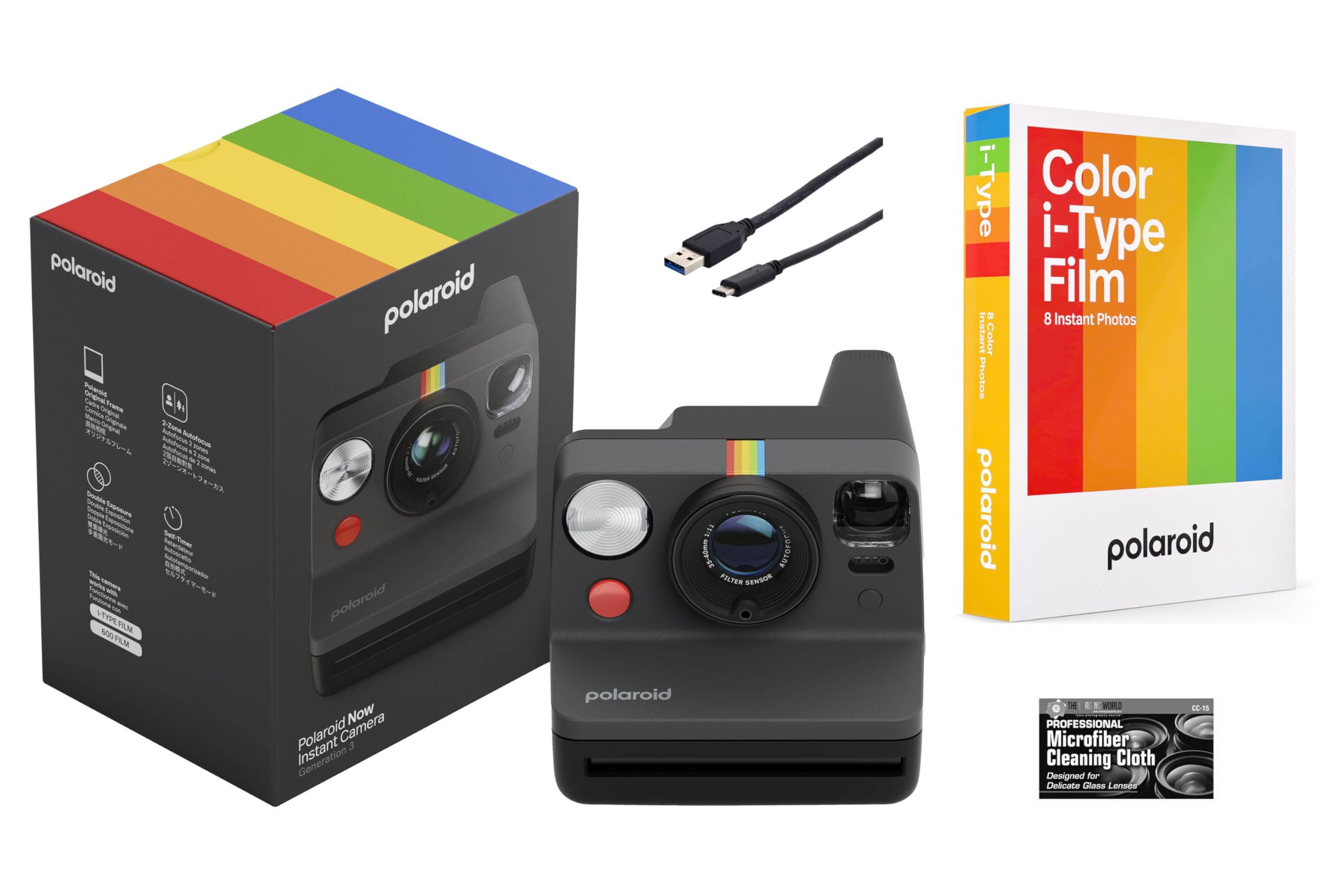 Polaroid Now Generation 3 i-Type Instant Camera (Black) with 8 i-Type Color Film Starter Bundle + Charging Cable and Cleaning Cloth-image-27