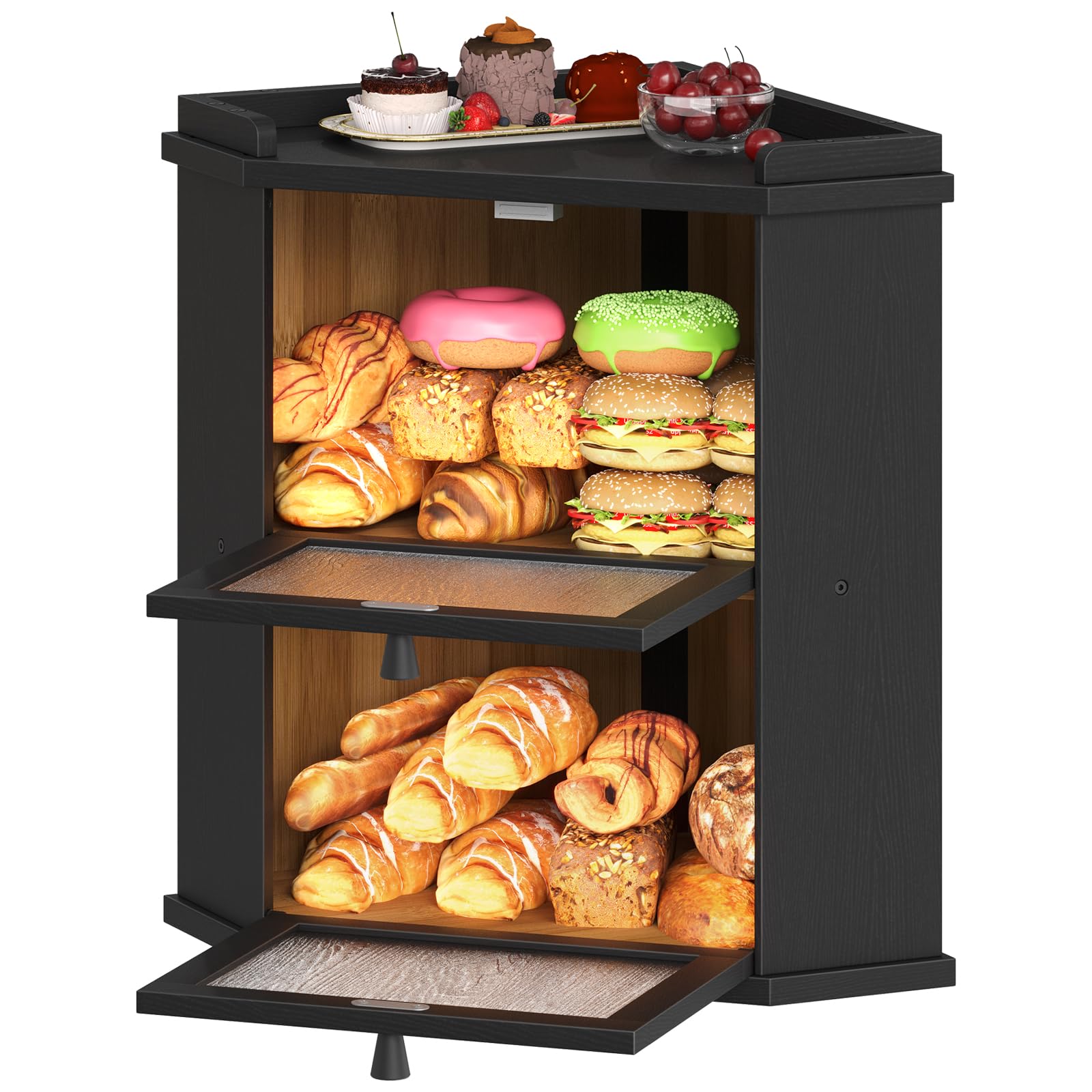 HOOBRO Bambusowy 2-poziomowy pojemnik na chleb z górną półką, kuchenny pojemnik na chleb z wypustkami, pojemnik na chleb do kuchni i jadalni, czarny i naturalny EBK19MB01