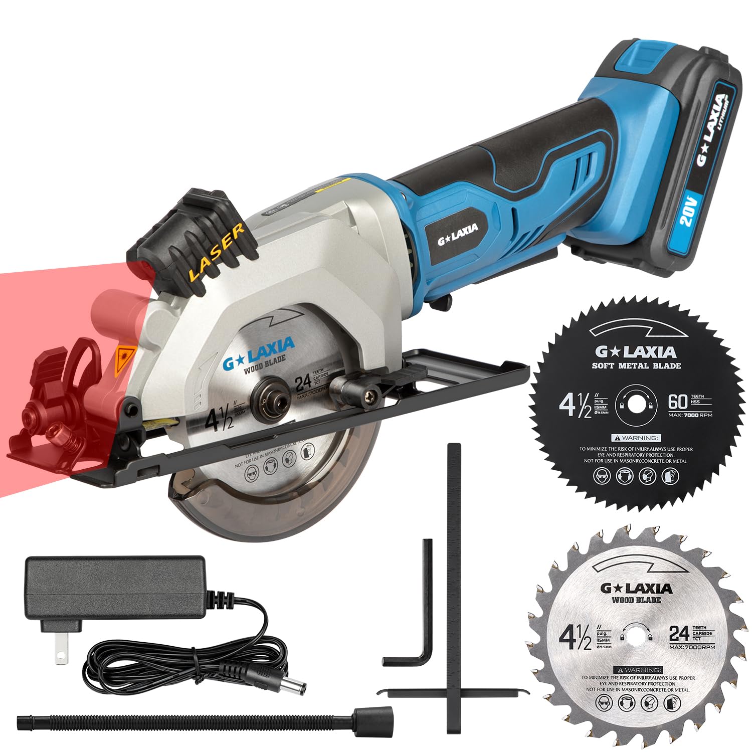 Mini Circular Saw, 4-1/2" 3400RPM Cordless Circular Saw with Laser Guide, Rip Guide, Compact Hand Saw with 2Pcs blades（24T+60T), Max Cutting Depth 1-11/16"(90°), 1-1/8"(45°)