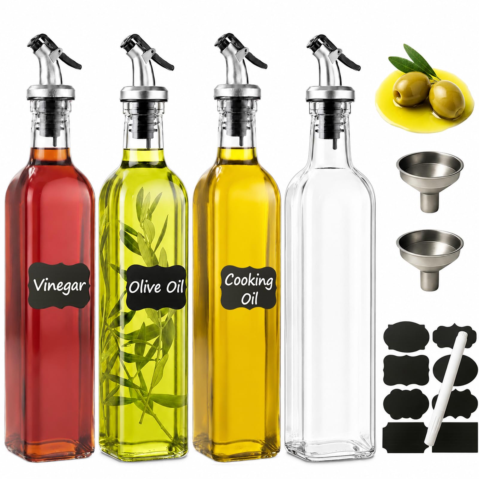 WERTIOO Oil Dispenser Bottle 4 Pack 17 OZ Glass Olive Oil and Vinegar Dispenser Set Oil Container with Funnel & Pen and Tag for Kitchen โ image 1
