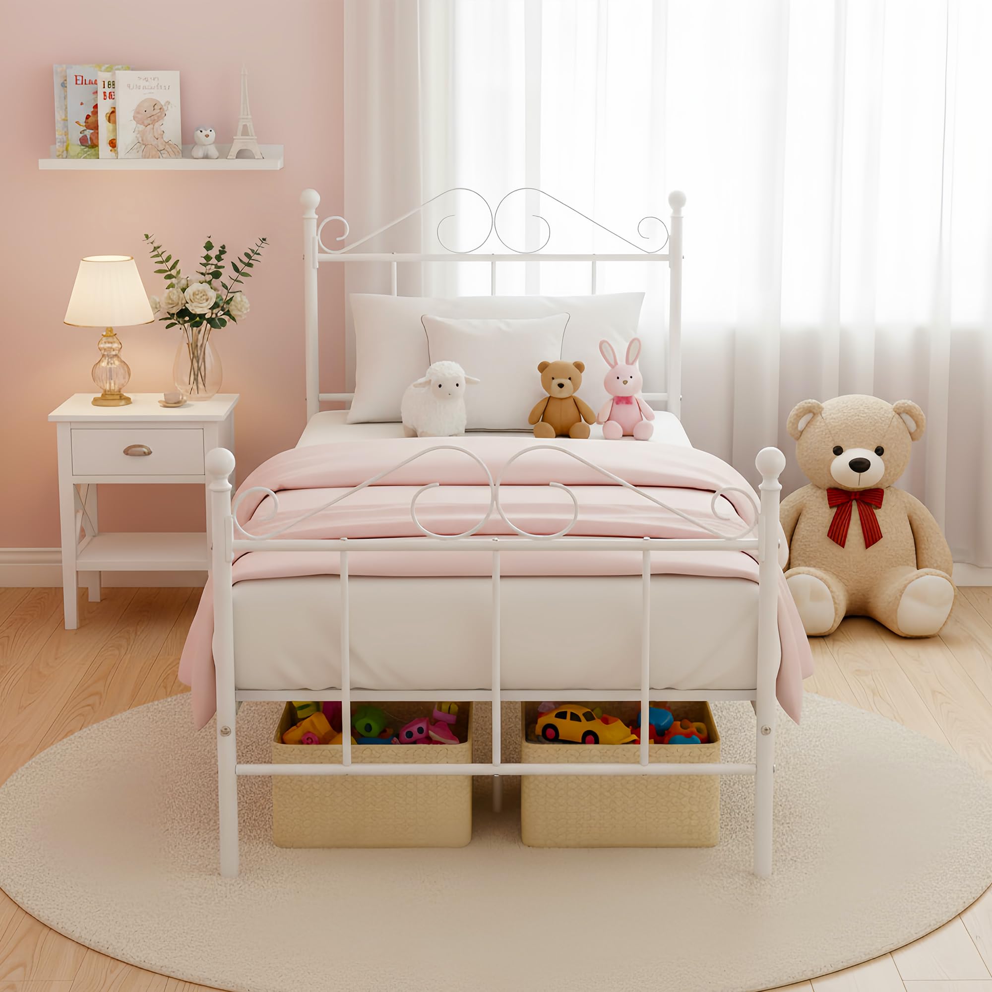 Cadre de Lit Enfant en Métal pour Matelas 90x190 cm, Lit Enfant Sol avec Sommier 90x190/Montage Facile/Convient comme pour Enfants/Ado/Adolescent Garcon/Fille/Senior/Blanc/Style A