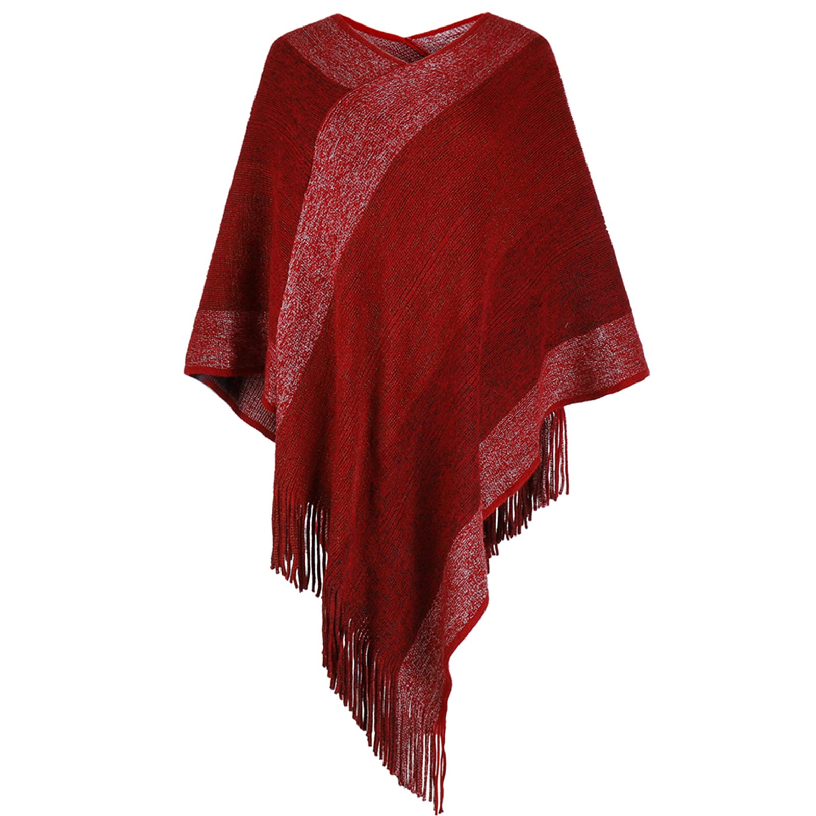 Fomolom Women's Burgundy Poncho Sweater V Neck Striped Knit Shawl Cape Pullover With Fringes Gifts For Mom