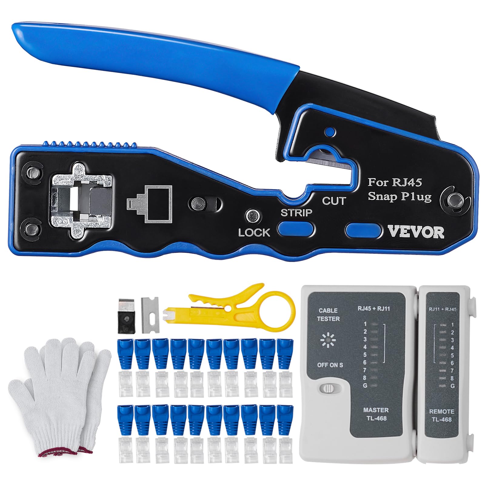 VEVOR RJ45 Crimp Tool Kit, Cat5e/Cat6/Cat6a Pass Through Ethernet Crimper for 8P8C Modular Plugs with 20pcs Connectors and 20pcs Covers, Wire Stripper and Network Tester
