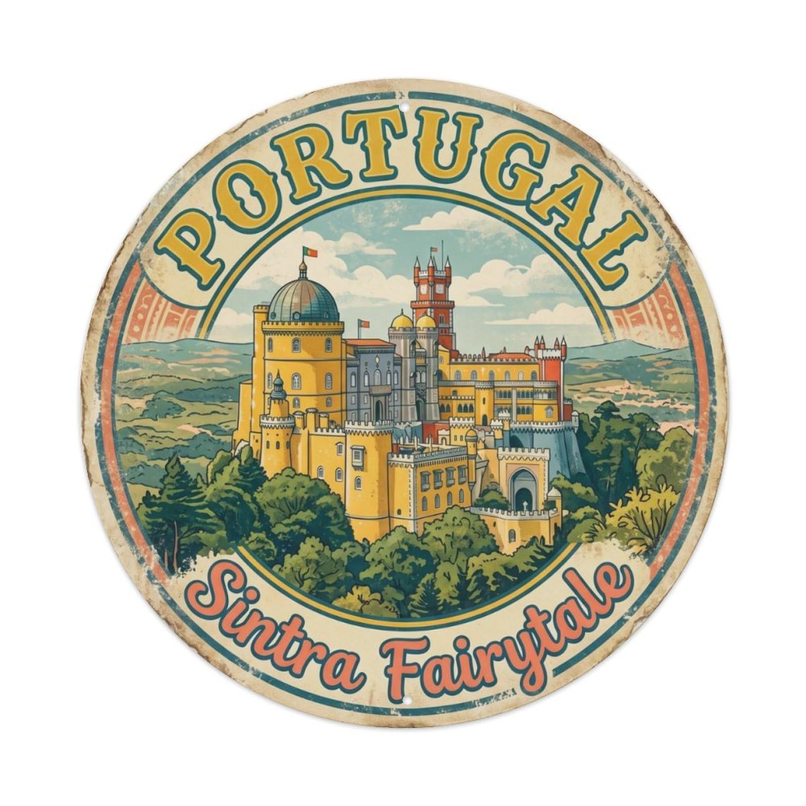 Vintage Travel Pena Sintra Fairytale Metal Tin Sign Plaque Wall Decor for Cafe, Club, Garden Round Metal Poster 8x8Inch