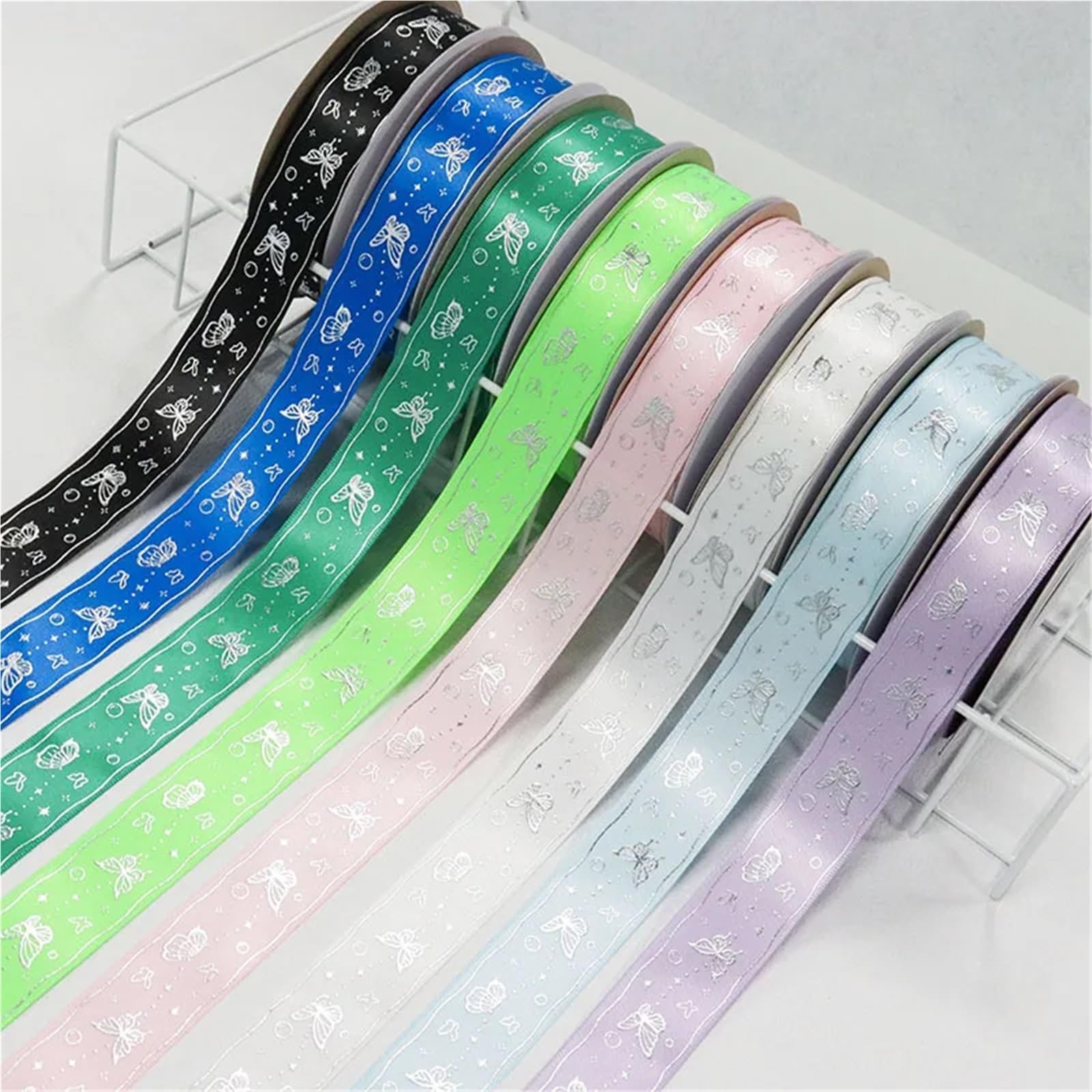 Nastro Con Stampa A Caldo Nastro in raso di poliestere con stampa a farfalla in lamina d'argento oro laser da 1 '' 25 mm for il confezionamento fiori nuziali(Color-11,50Yards)