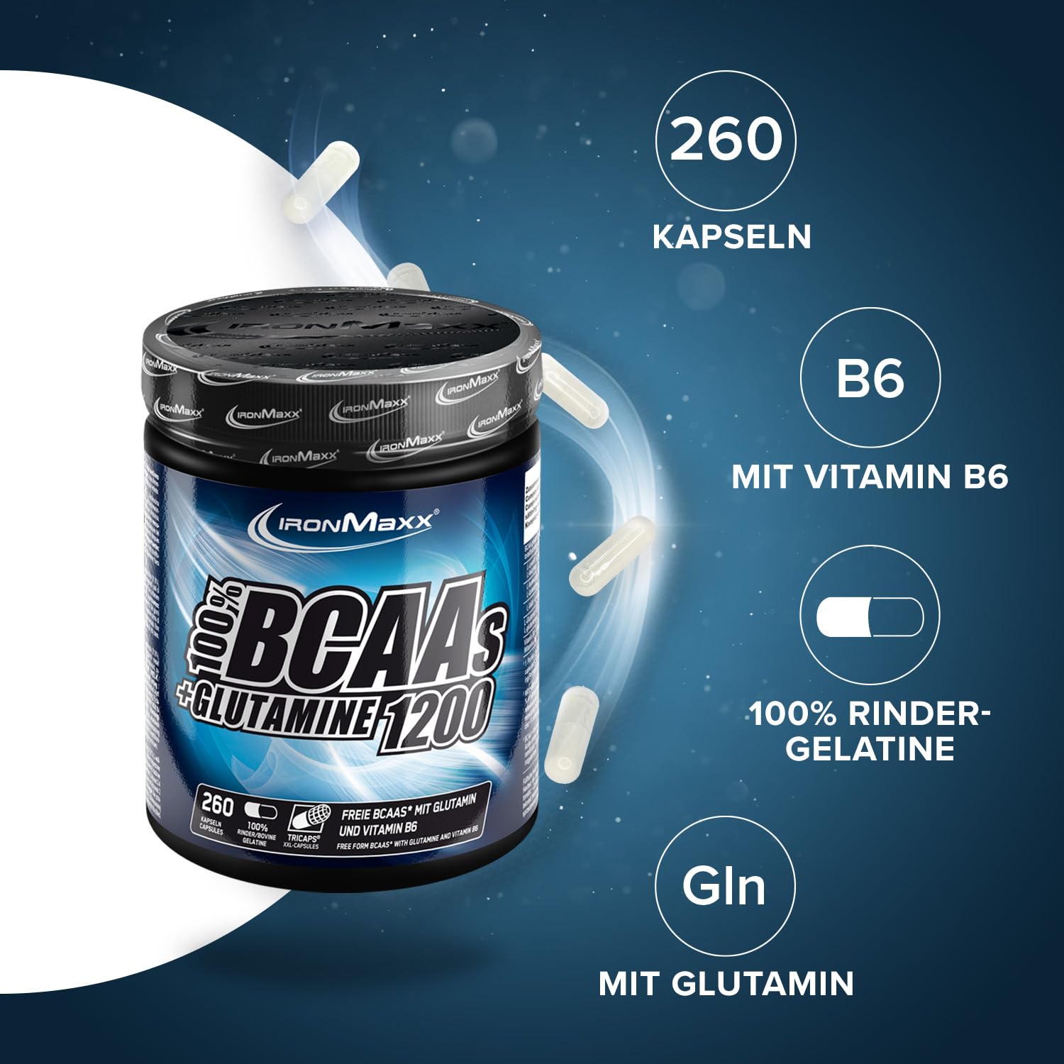 IronMaxx BCAA's + Glutamine - 1200 (260 Tricaps) | BCAA-Kapseln, zuckerfrei und frei von Konservierungsstoffen | Hochdosierte Aminosäurekapseln inklusive allen BCAAs und L-Glutamin