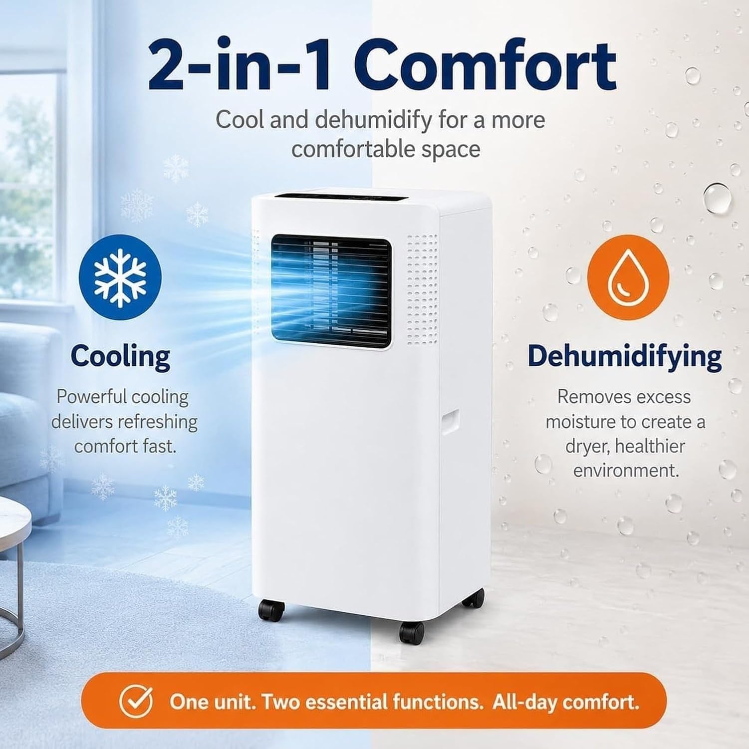 Mobilny klimatyzator 7000 BTU 2 w 1 Chłodnica i osuszacz do domu, cichy 50-60 DB tryb nocny, timer 24H, zestaw odpływowy okna, refro