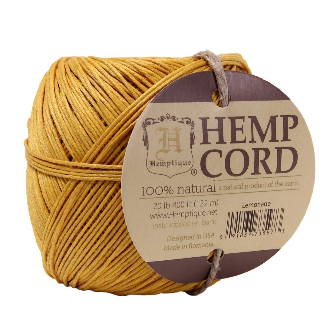 Cuerda de cáñamo 100% natural Hemptique, hilo amarillo de alta calidad de 122m