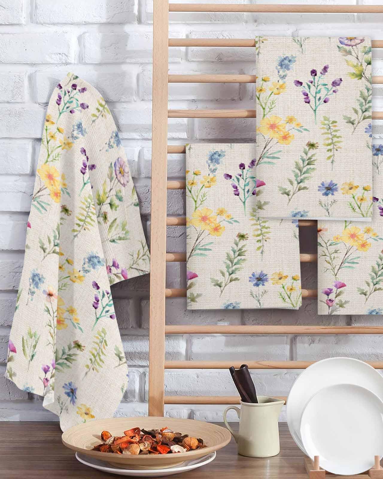 Botanical Flower Hand Towels Set,Waffle Weave Kitchen Towels 4 Pieces,Microfiber Hair Face Bath Tea Towel Absorbent Quick Drying Cleaning Dish Cloths,Rustic Watercolor Floral Flower 15.7