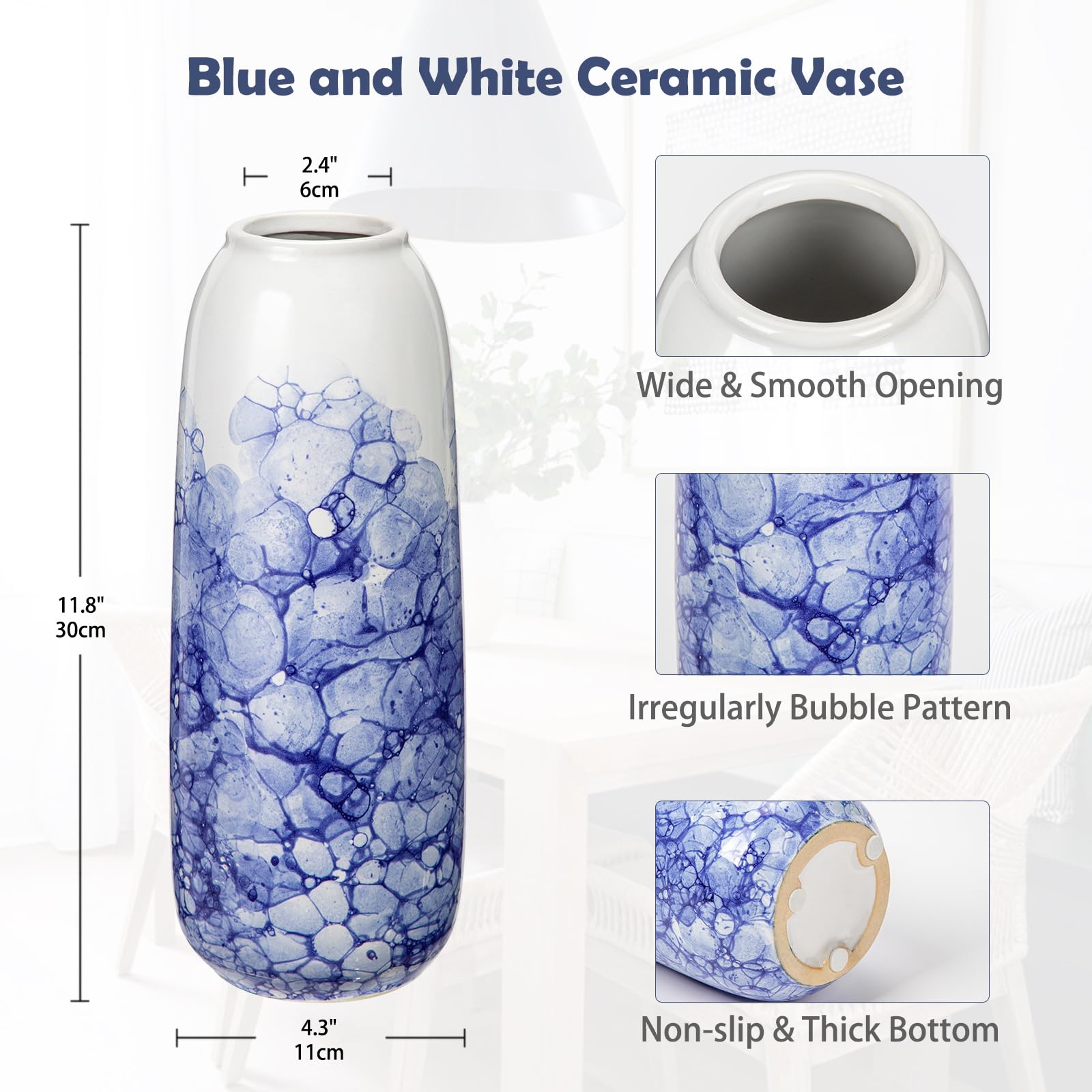 Hollyone 30CM Blue and White Ceramic Vase for Flowers Chinoiserie Porcelain Flower Vase for Home Decor Handmade Pottery for Living Room Shelf Dining Table Centerpiece Aesthetic Decorations - Image 2