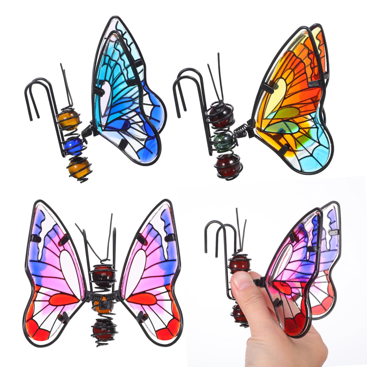 Veemoon 3pcs Butterfly Metal Glass Painted Flower Pot Hanging Ornaments for Potted Plant Decoration, Garden Miniature Pendant Set, Suitable for Indoor Outdoor Bonsai and Planter Display