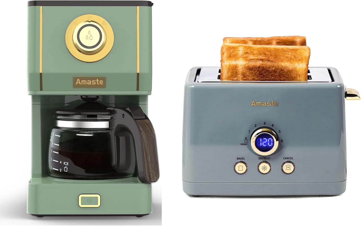 Amaste Retro Coffee Maker & Toaster Set- Matcha Green & Ash Blue