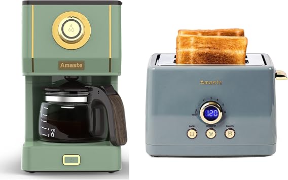 Amaste Retro Coffee Maker & Toaster Set- Matcha Green & Ash Blue
