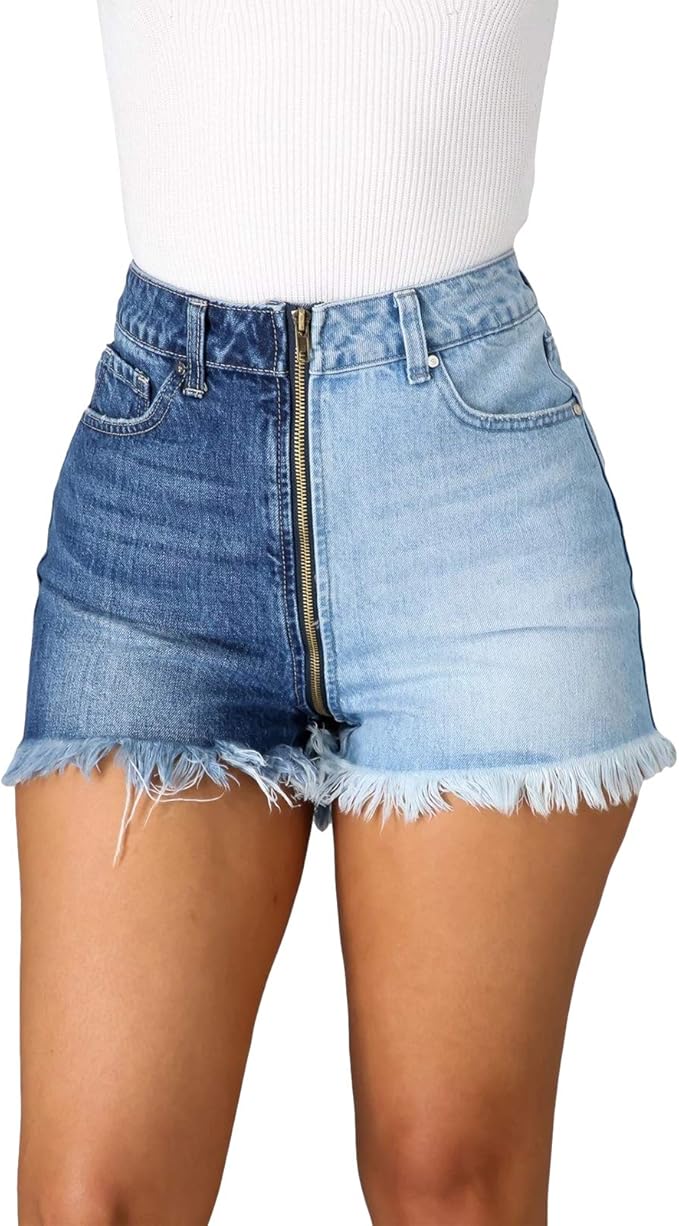 Women's Y2K Color Block Patchwork Jean Shorts Frayed Raw Hem Zipped Up