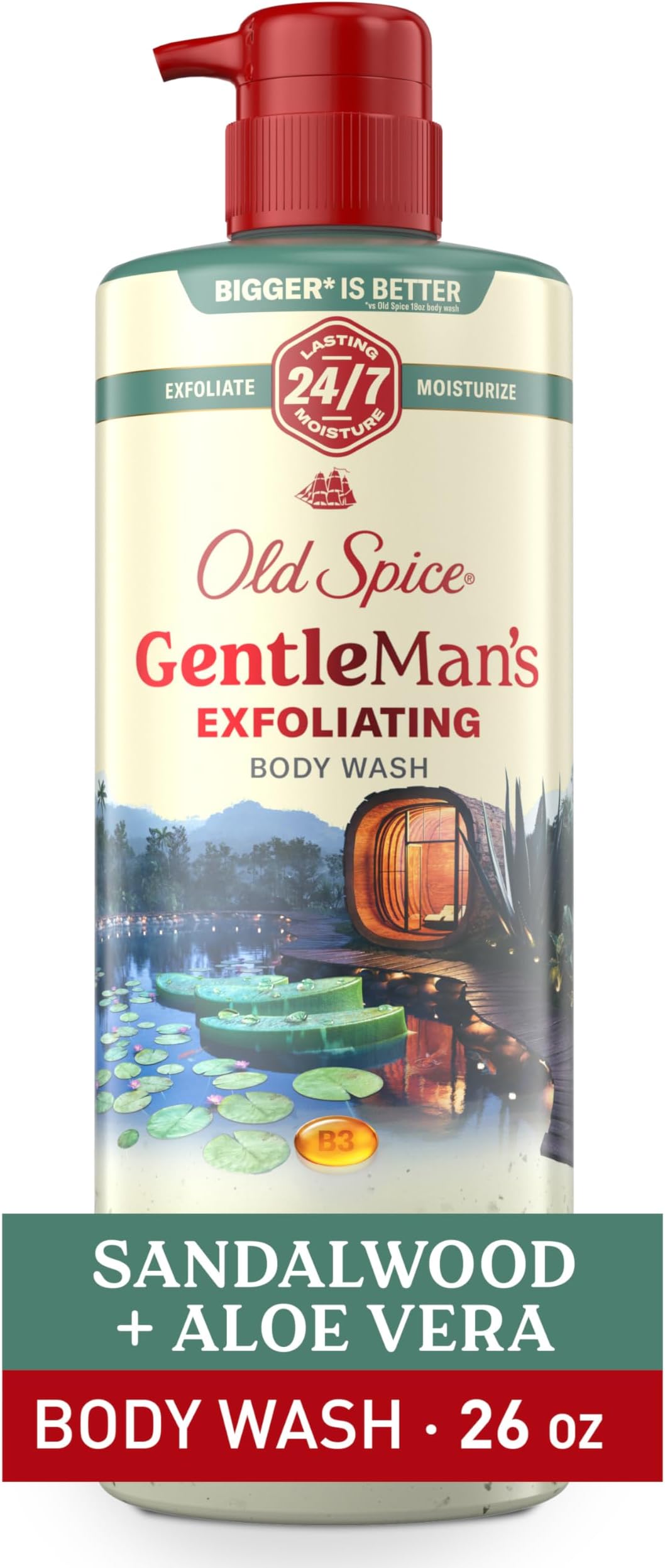 GentleMan's Exfoliating & Moisturizing Body Wash for Men, 24/7 Shower Fresh with Long Lasting Scent, Renewing Vitamin B3 Blend, Sandalwood + Aloe Vera Scent, 26 oz