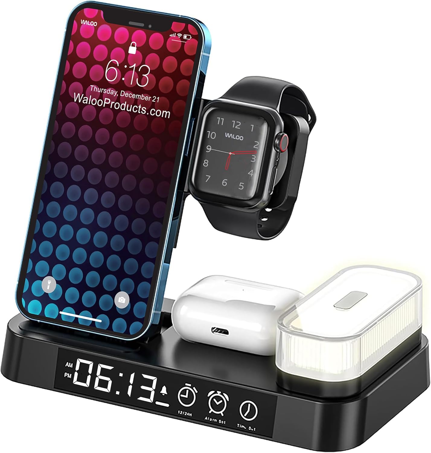 Waloo 4 in 1 Wireless Charging Dock with Multi Colored Night Light & Alarm Clock Compatible with Apple Devices (Black)