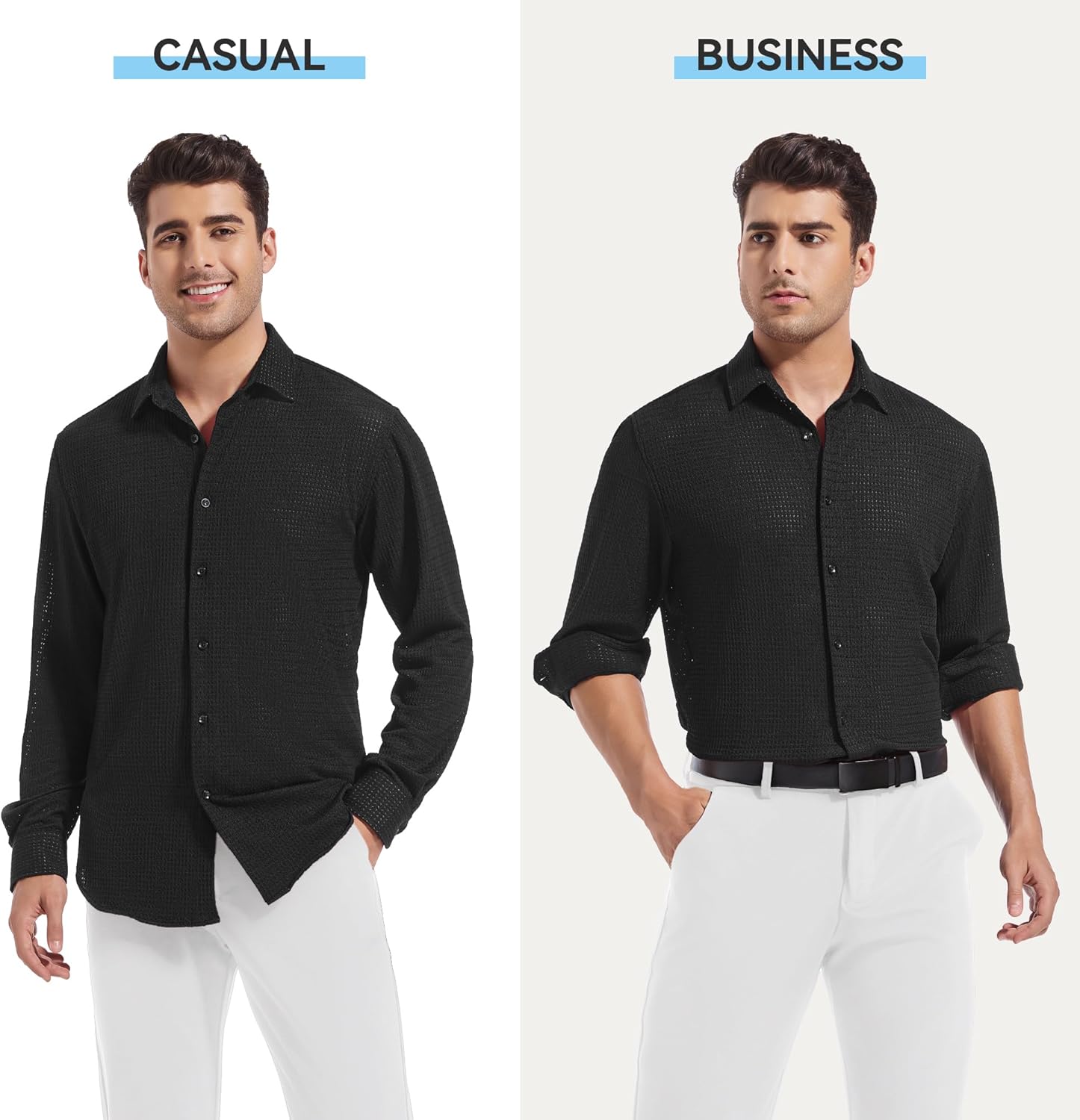 WARHORSEE Mens Casual Button Down Dress Shirts Long Sleeve 4-Way Stretch Collared Printed Business Work Shirt - Image 2