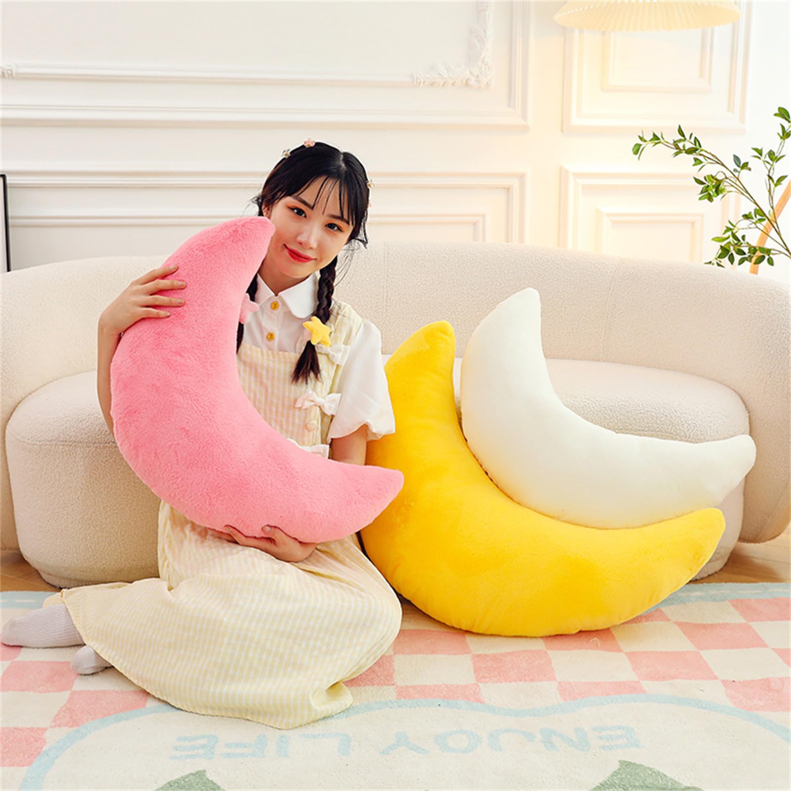 Herfair Morbido cuscino decorativo per bambini, a forma di luna, morbido cuscino decorativo per la cameretta dei bambini (giallo, 45 cm)