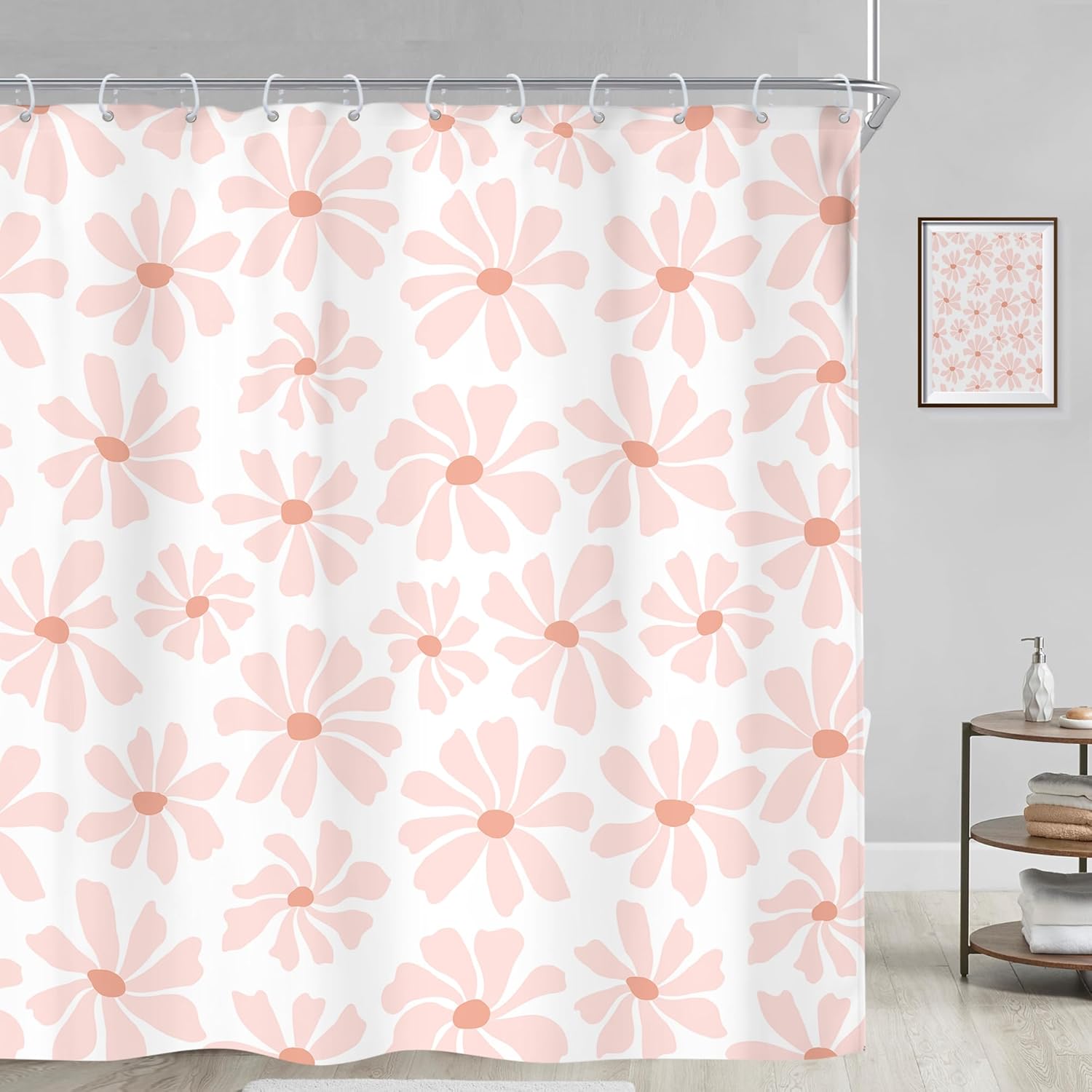 Riyidecor Extra Long Blush Pink Daisy Shower Curtain Floral Cute Girly Boho Spring Summer Flower Pretty Pastel 72Wx84H Inch Aesthetic Women Fabric Decor Bathroom Polyester Waterproof 12 Pack Hooks