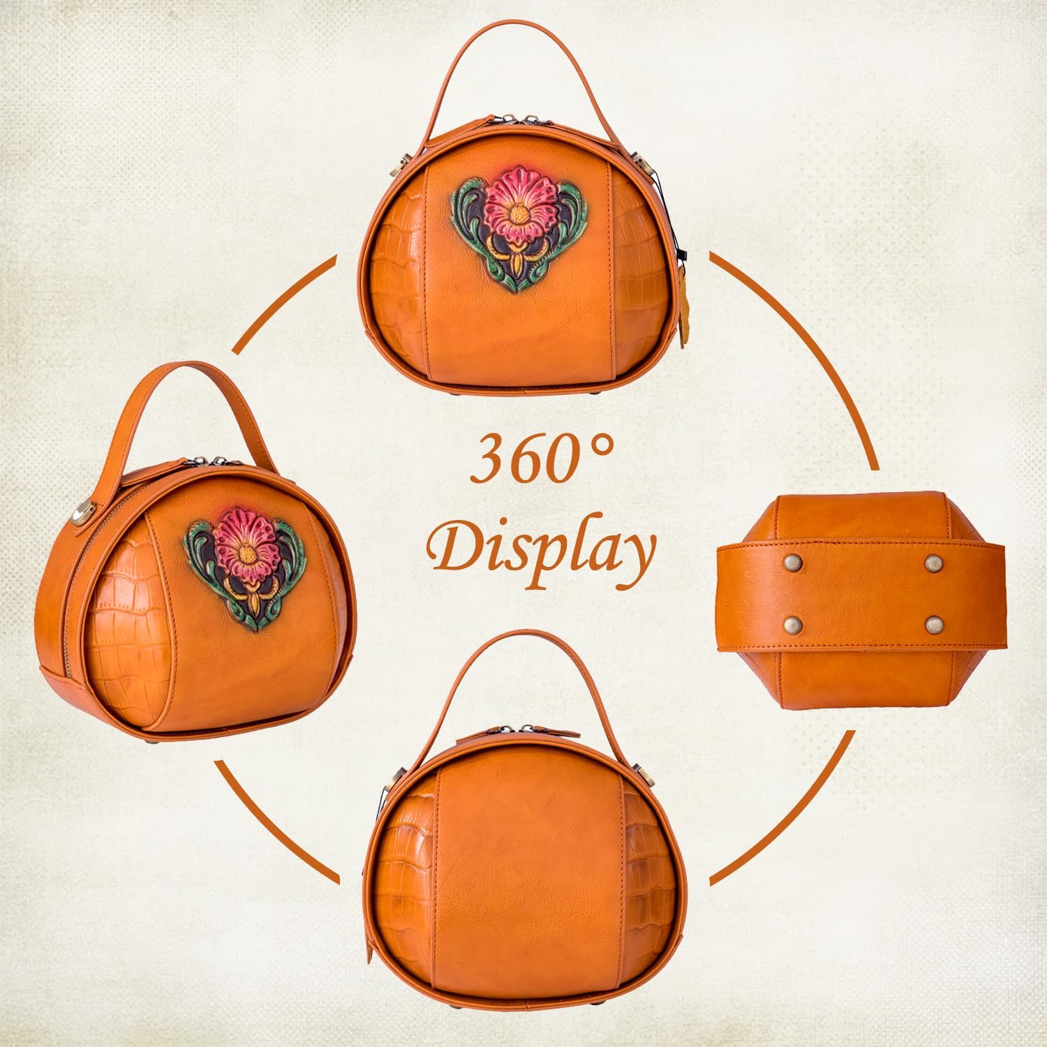 Vintage Genuine Leather Crossbody Bag for Women – Small Structured Top Handle Purse with Hand-Embossed Flower