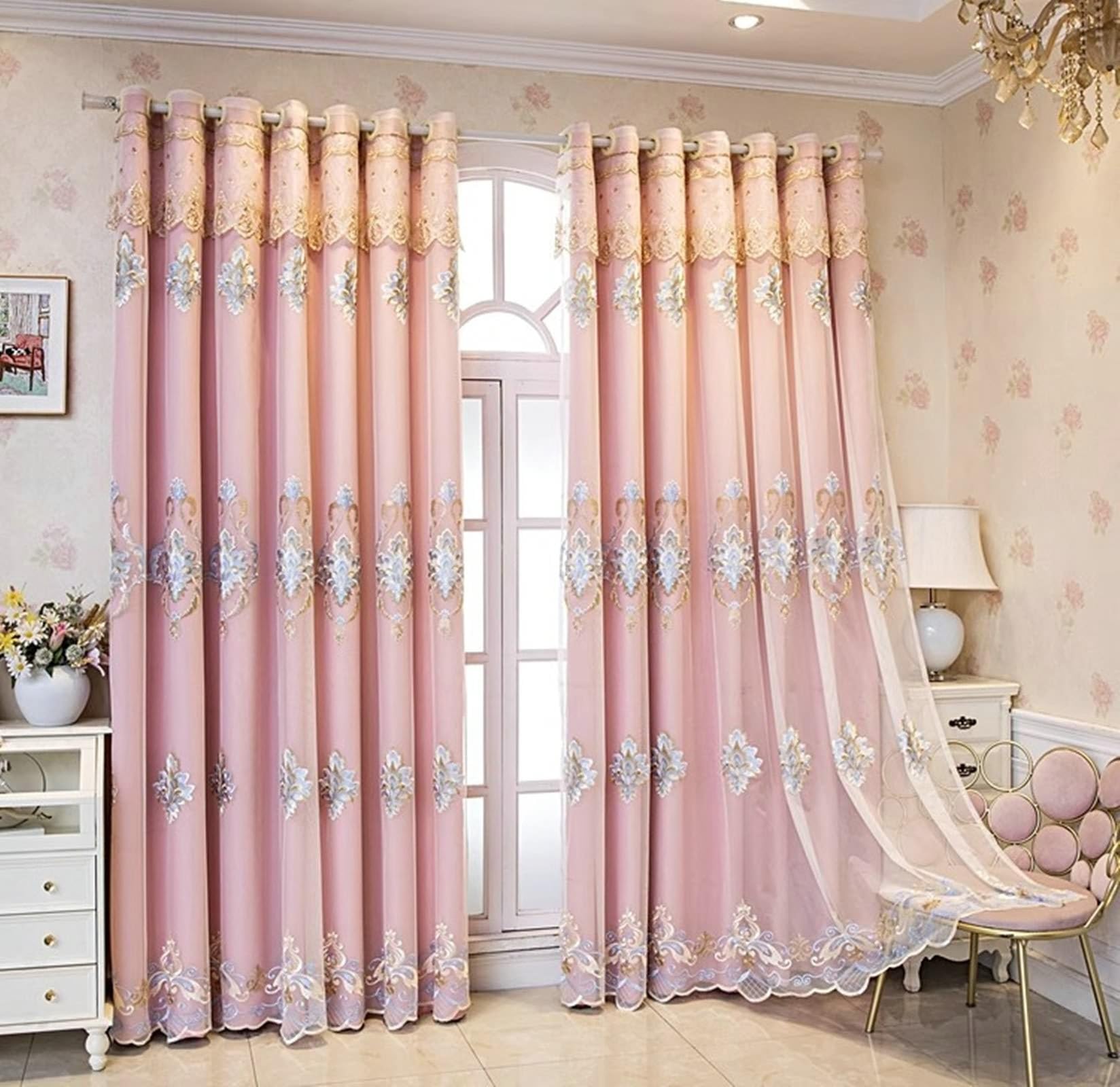 Rideaux occultants salon rideau opaques chambre 137x244 rose oeillets polyester brodé 2 pièces
