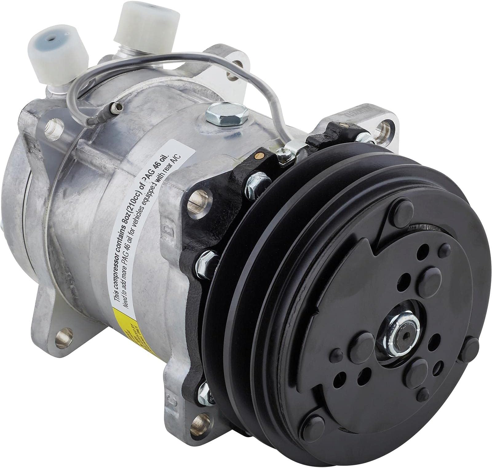 Sanden Style 508 V-Belt A/C Compressor, Plain Aluminum Finish, Dual-Groove Pulley, AN10 and AN8 O-Ring Fittings, For HFC-134a Refrigerant, Pre-Oiled