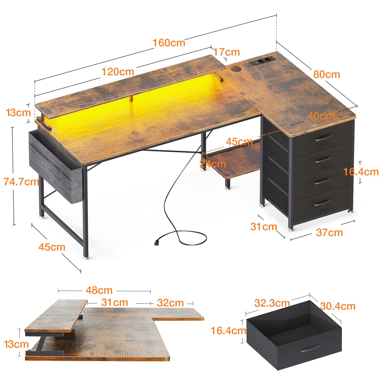 ODK Scrivania Angolare Reversibile, Scrivania da Gaming con LED, Scrivania a L con 4 Cassetti, Tavolo a Forma di L con 2 Porte di Ricarica USB e 2 Prese di Corrente per Ufficio, Marrone, 160x80x84.7cm