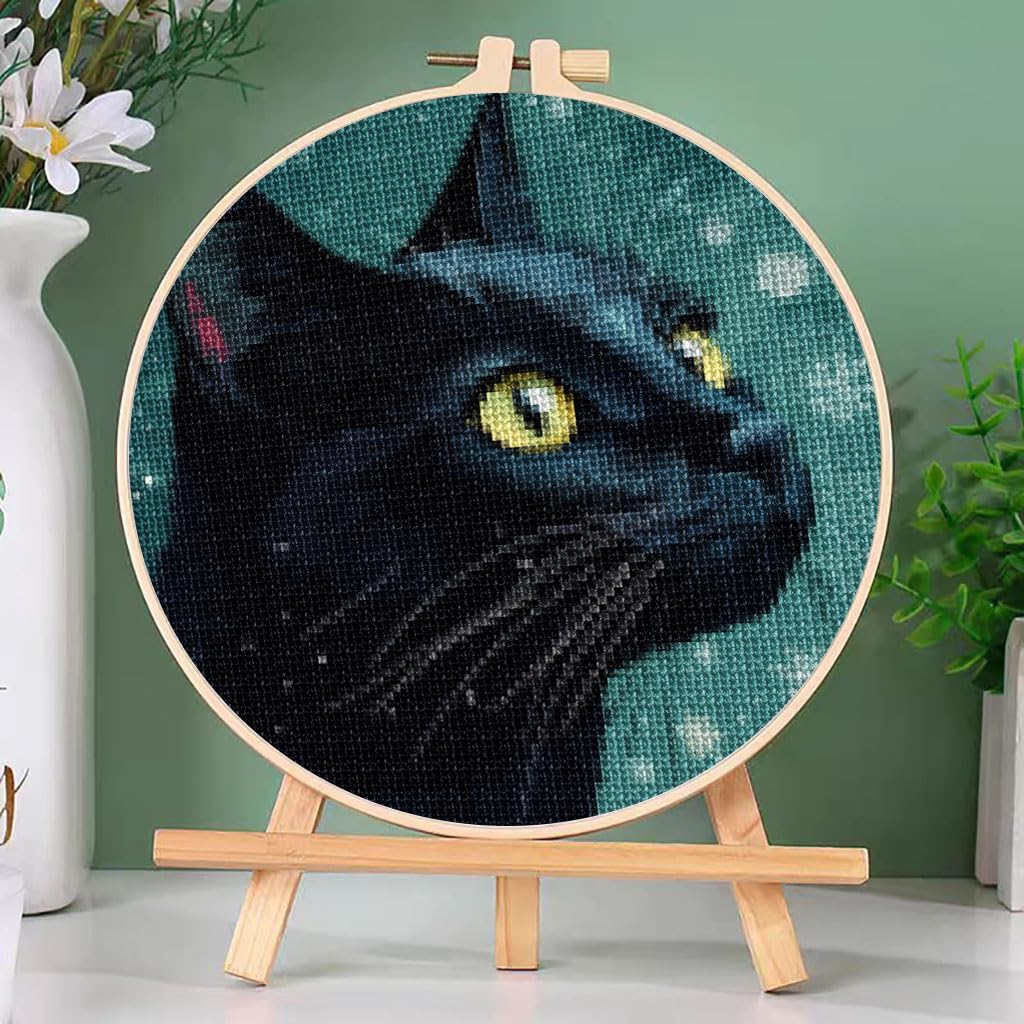 DIY Counted Cross Stitch Kits Christmas Black Cat Easy for Beginners with Hoop 11CT Needlepoint Embroidery Cross Stitch Set Craft Wall Art Decor 22x22cm(6)