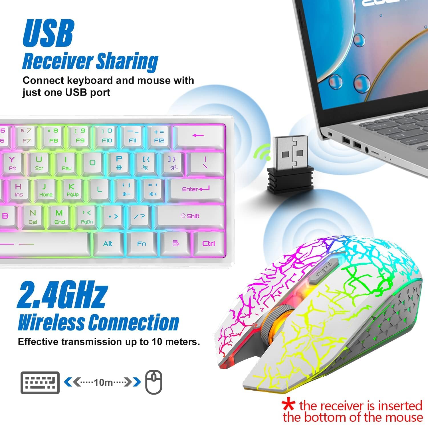 60% Kompaktowy 2.4G Bezprzewodowa Klawiatura I Mysz Do Gier 3800mAh Type-c Ładowalna Klawiatura RGB Klawiatura Mechaniczne Odczucie 2400 DPI Światło Światła Oddechowe Mysz Na PC Laptop - Biały