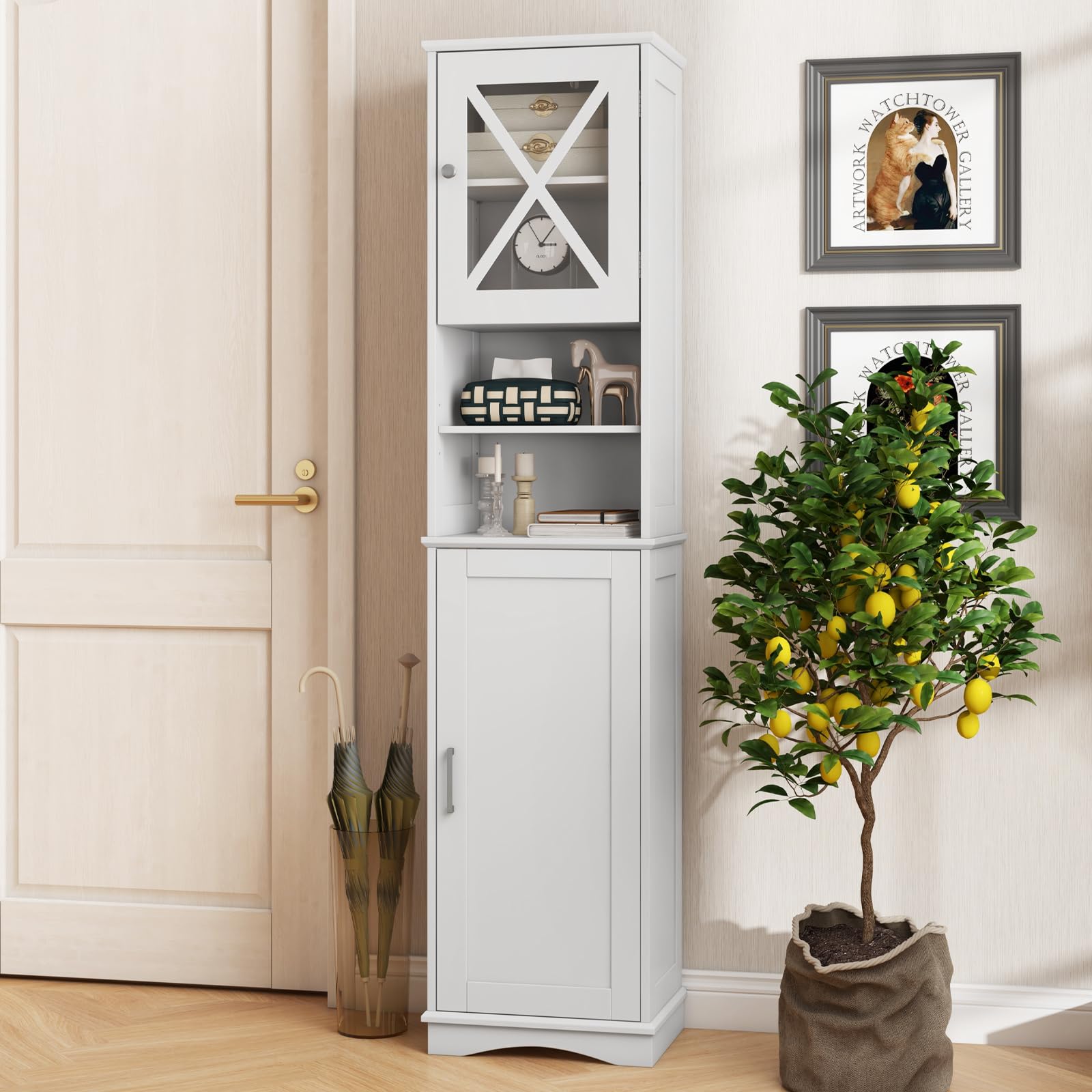 GOPLUS Armario de Baño Alto de 170,5 CM, Armario de Almacenamiento de Pie con Puerta de Acrílico y Estantes Ajustables, 2 Compartimentos Abiertos, Organizador Estrecho para Baño Cocina Salón (Blanco)