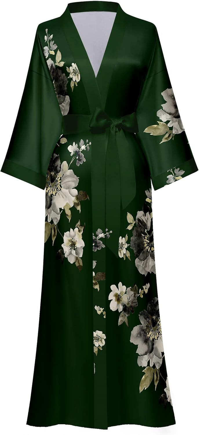 Women's Floral Long Kimono Robe Long Satin Robe Long Silk Robe Ladies Kimonos Silky Bathrobe Cover Up, One Size