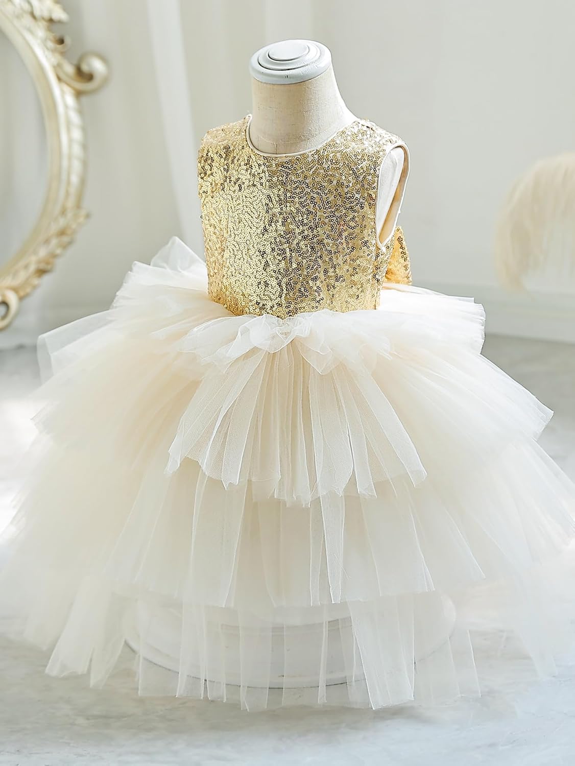 ガールズ スパンコール チュール Vバックドレス ノースリーブ マルチレイヤー シフォン 誕生日パーティードレス リボン付き
