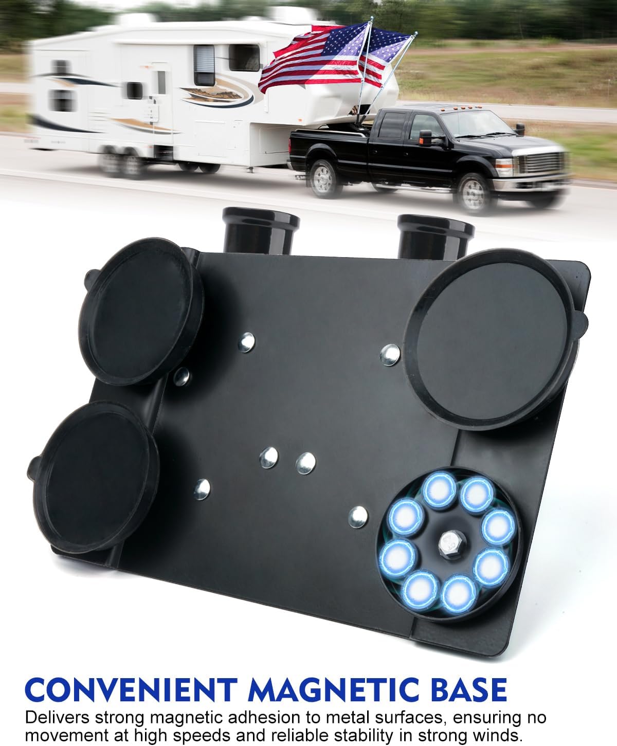 Magnetic Flag Pole Holder for Fifth Wheel RV Hitch – 180° Adjustable, Tool-Free Installation, RV Flag Pole Mount Compatible with Fifth Wheel RV, Campers & Trailers - Black Dual Pole Design