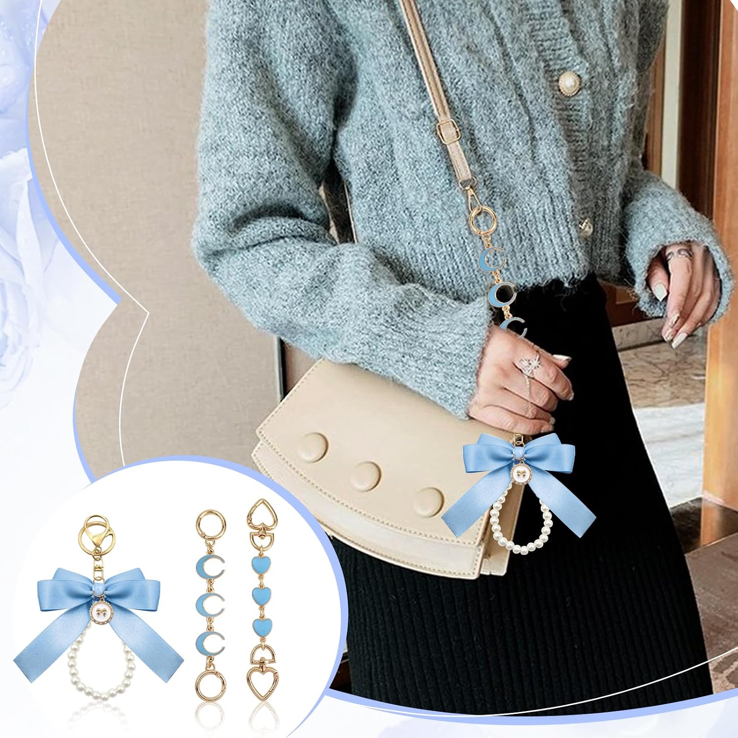 TUUXI 3pcs Light Blue Purse Extender Chain Bow Keychain Kits Bag Extender Chain Bag Strap Charms for Purse Handbags Shoulder Replacement Making Supplies Accessories