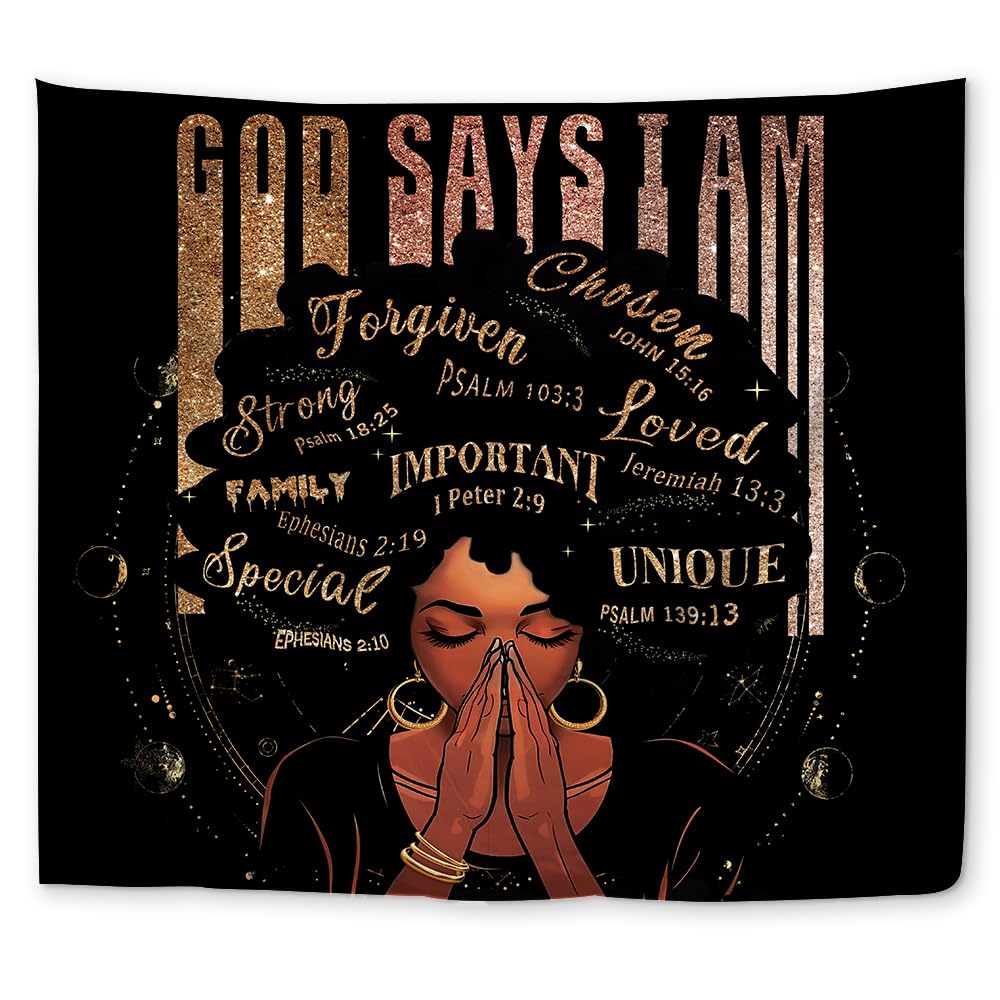Yookeb Black Girl Woman Tapestry 59W by 51H Inch Wall Hanging Bible Verse Bless Inspirational Motivational Positive Bedroom Living Room Dorm Polyester