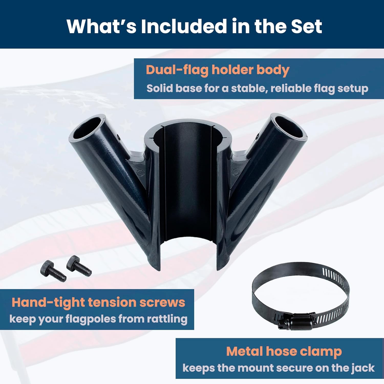 RV Flag Pole Mount for Tongue Jack – Double Flagpole Holder for Camper Trailer Front | Travel Trailer Accessories for Outside | No-Drill Installation for Campsite Use