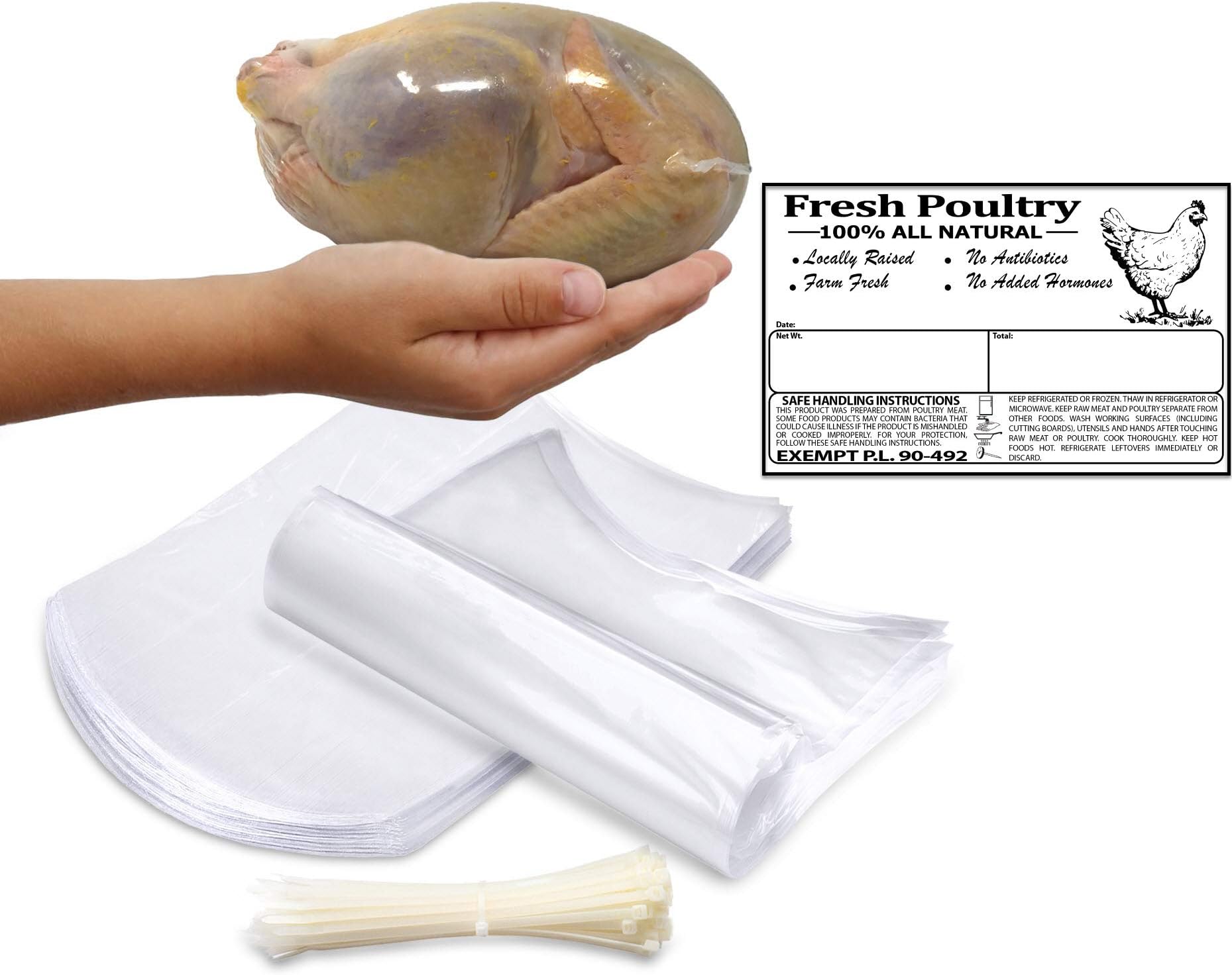 Poultry Shrink Clear Bags (L)- 10"x 16" Chickens or Rabbits w/zip ties and Freezer Labels included (50)
