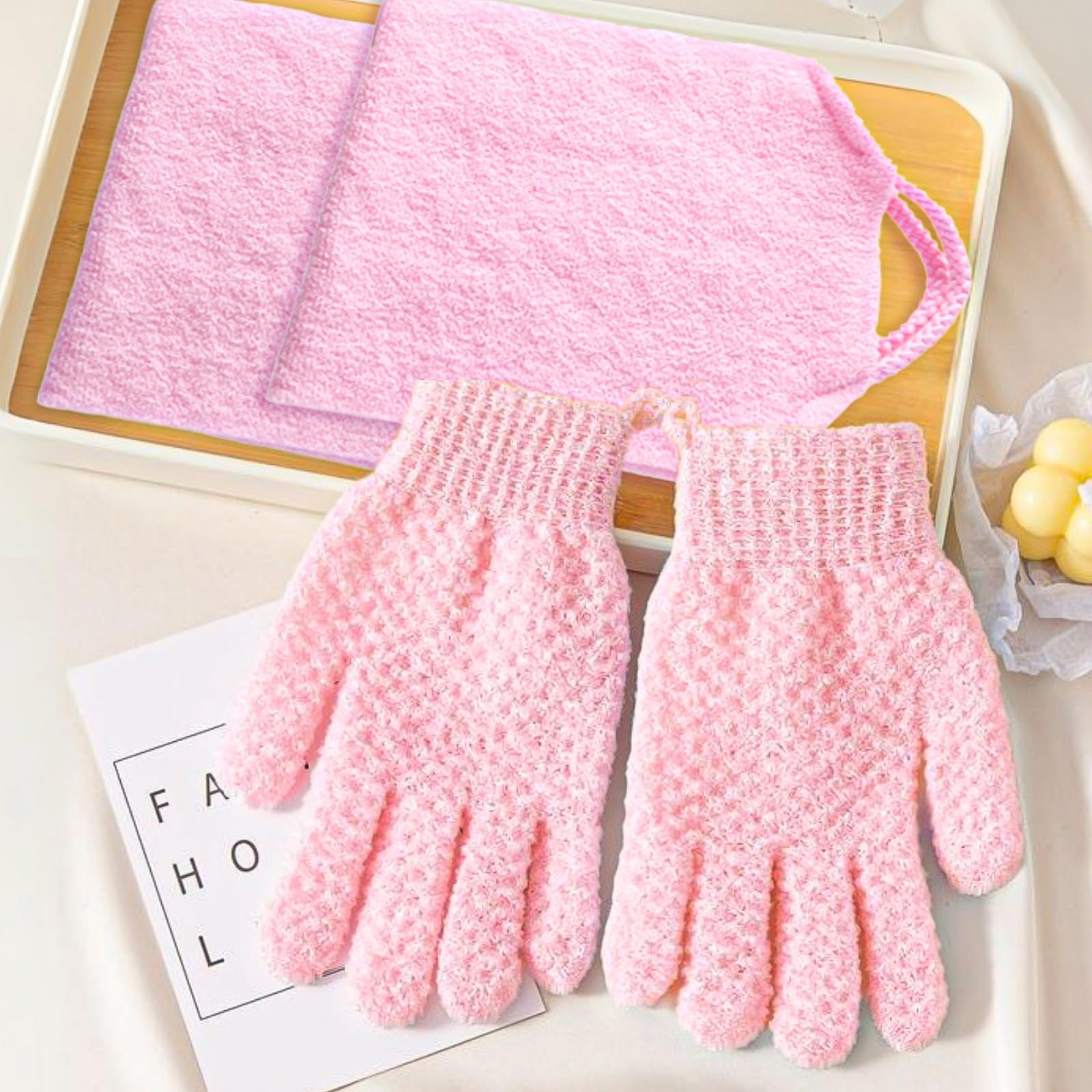 Gant Exfoliant Corps Set, 2 Pièces de Gants Exfoliants et 2 Pièces de Brosse Pour le Dos Douche, Brosse dos Douche et Gant Gommage Corps pour Usage le Corps, le Visage et le Bain (Rose)