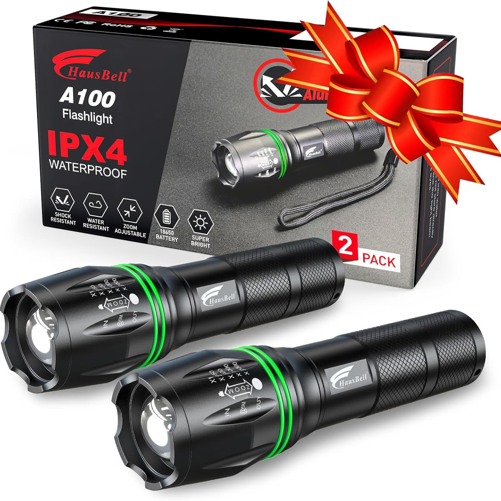 HAUSBELL Torcia LED 2000 Lumen (2 Pezzi) – Super Luminosa, 5 Modalità, Zoom Regolabile, Impermeabile, Alimentazione a Batteria – Torcia Tattica per Campeggio, Escursionismo, Emergenze (Nero)