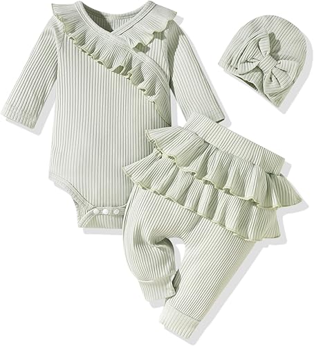 fioukiay Ropa de bebé recién nacida prematura para niña, conjuntos de ropa de 3 piezas con volantes y pantalones