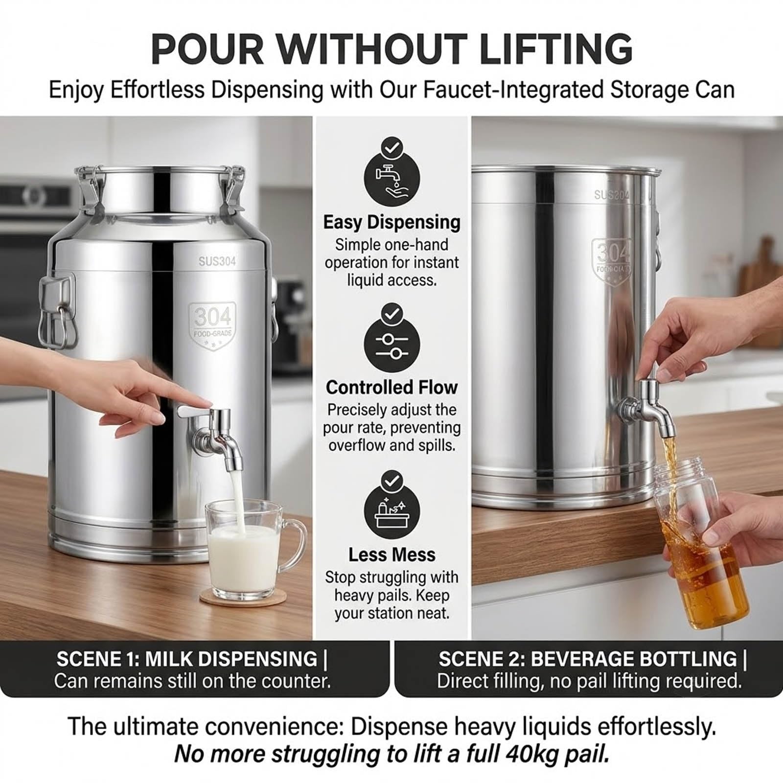 Dispenser bevande con rubinetto in acciaio inox 304 per olio e latte