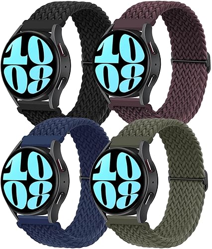 4 Pack 20mm Braided Elastic Bands for Samsung Galaxy Watch 66 Classic 40mm 44mm 43mm 47mm Solo Loop Band, Adjustable Stretchy Nylon Fabric Sport